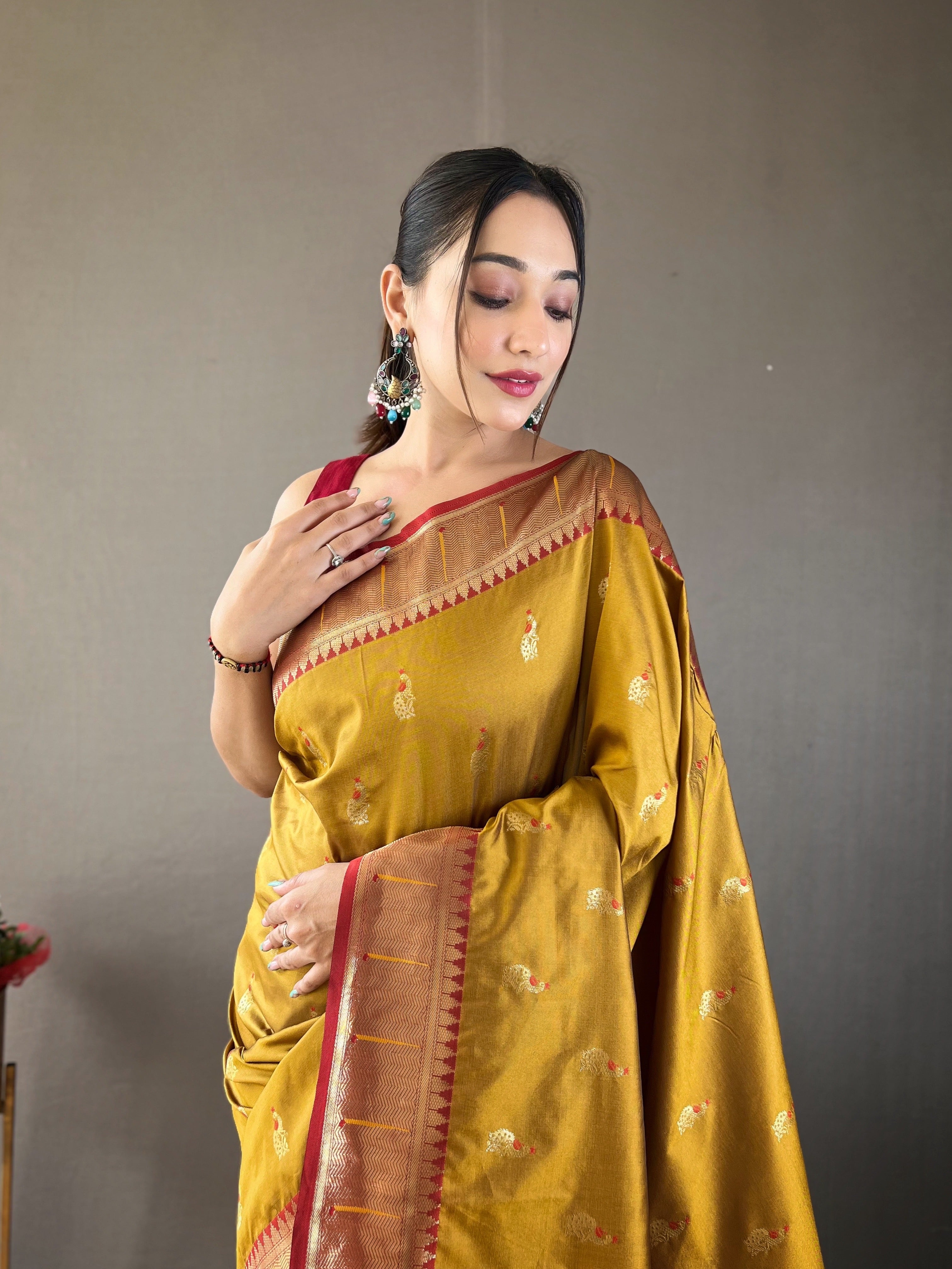 Bronzed yellow Zari Weaving Paithani Silk Saree