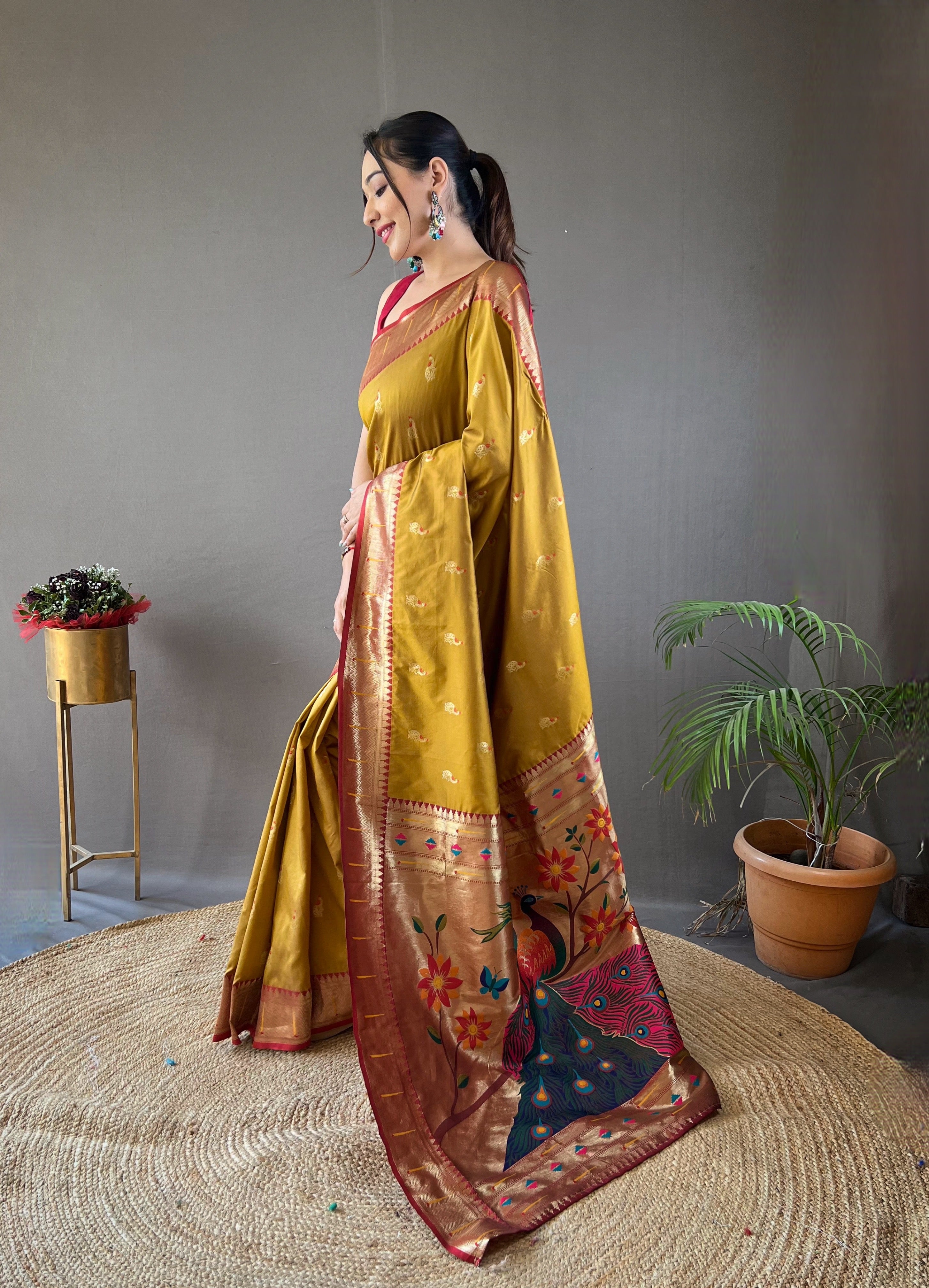 Bronzed yellow Zari Weaving Paithani Silk Saree
