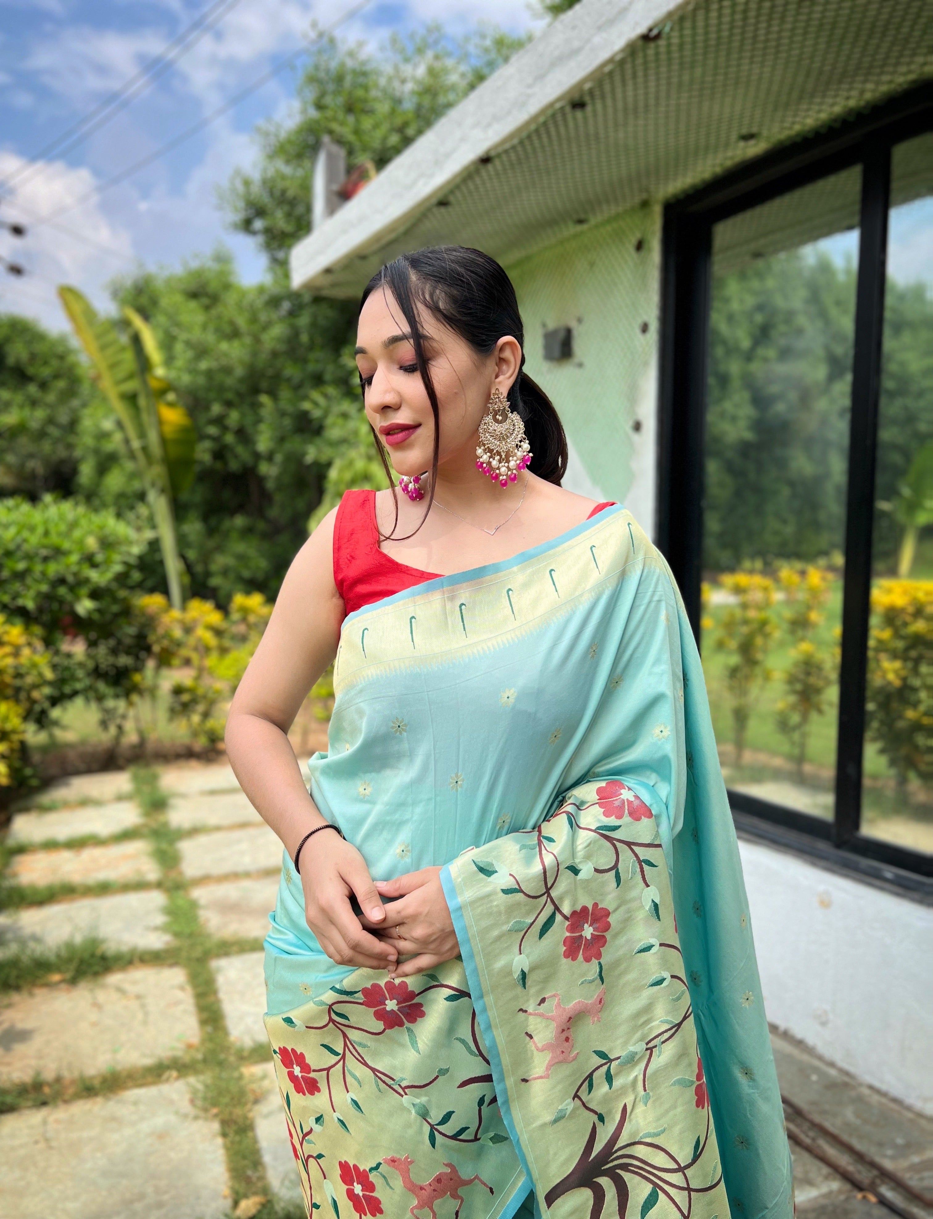 Alluring Paithani Traditional Border Sky Blue Paithani Silk Saree