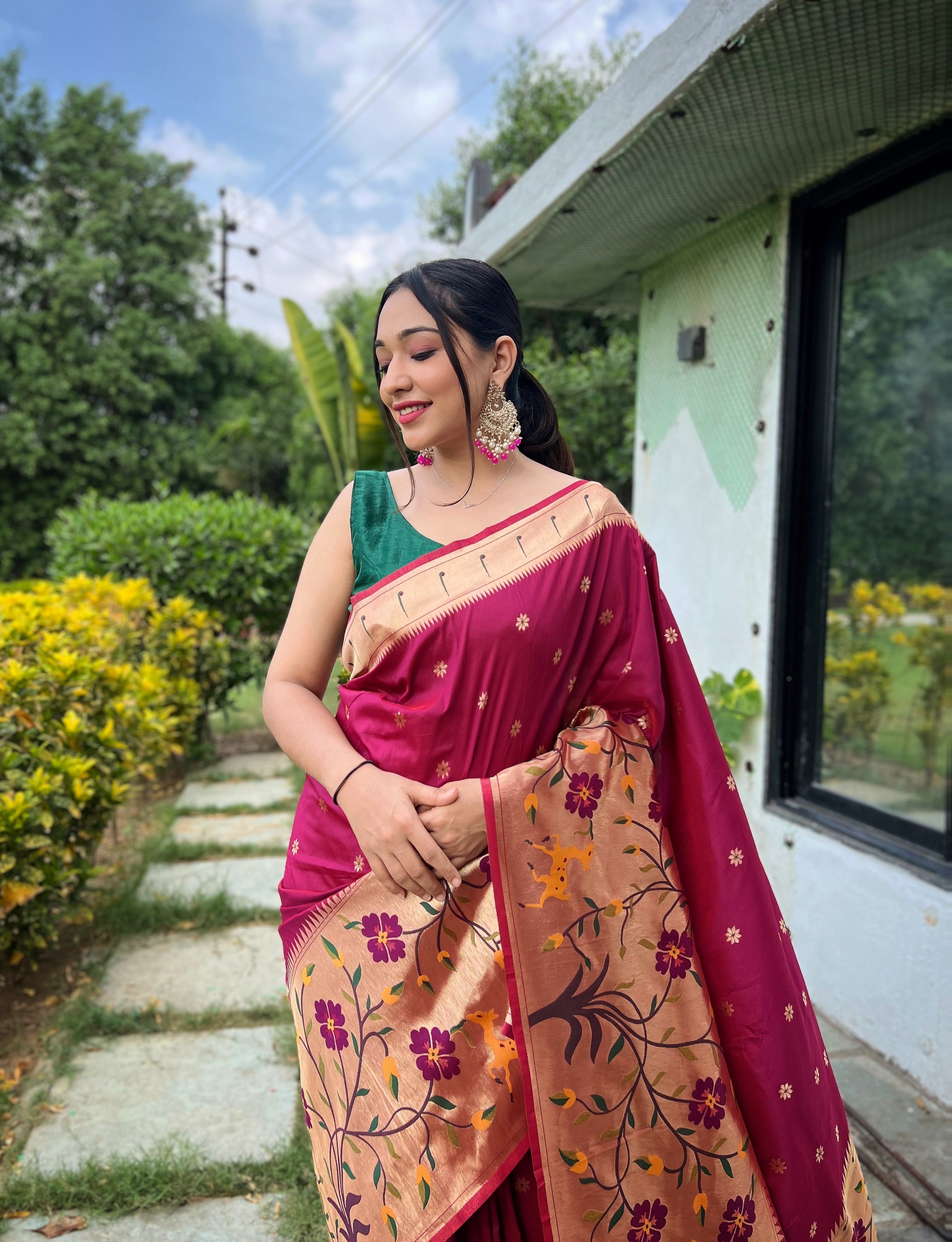 Stunning Paithani Traditional Border Wine Paithani Silk Saree