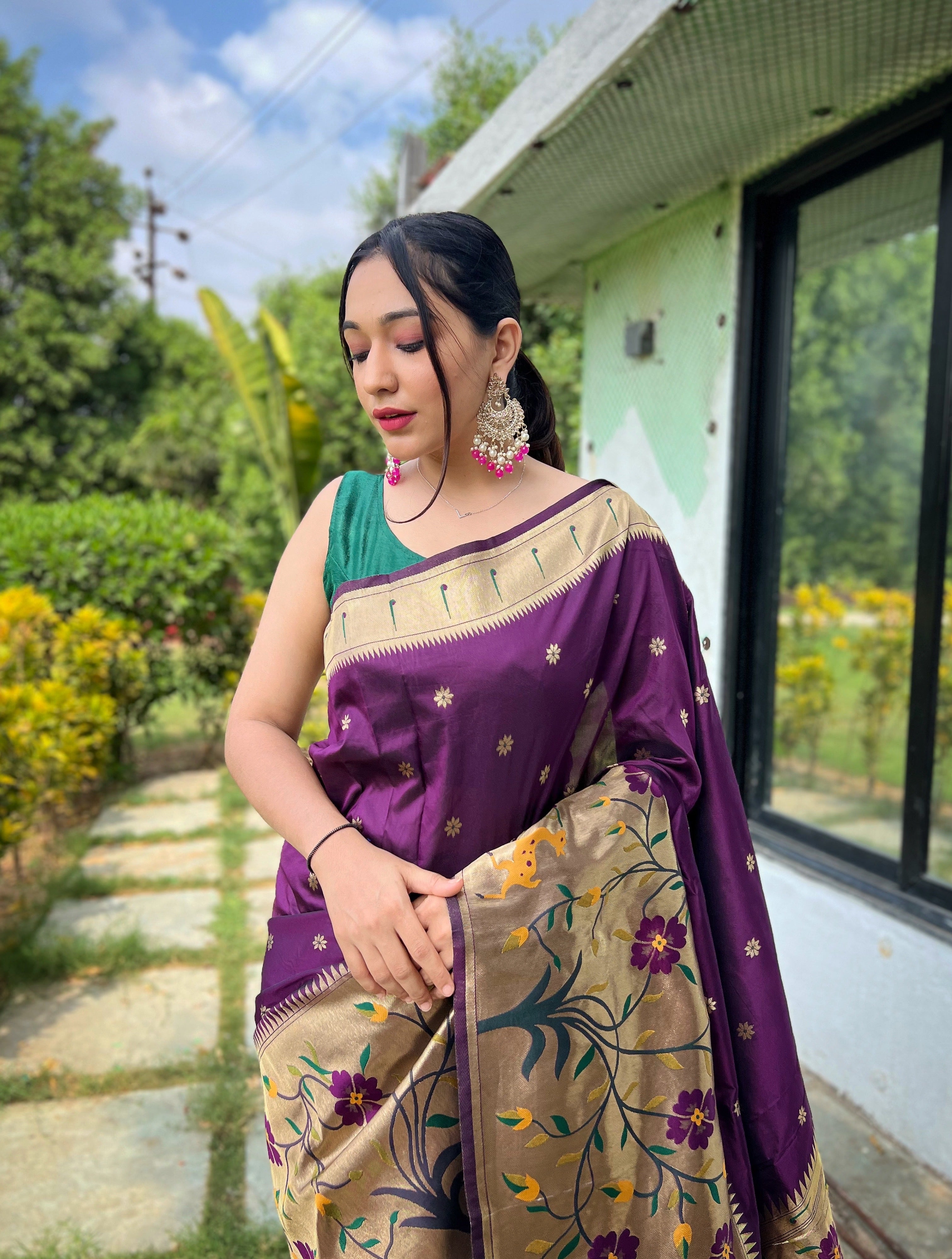 Stunning Paithani Traditional Border Purple Paithani Silk Saree