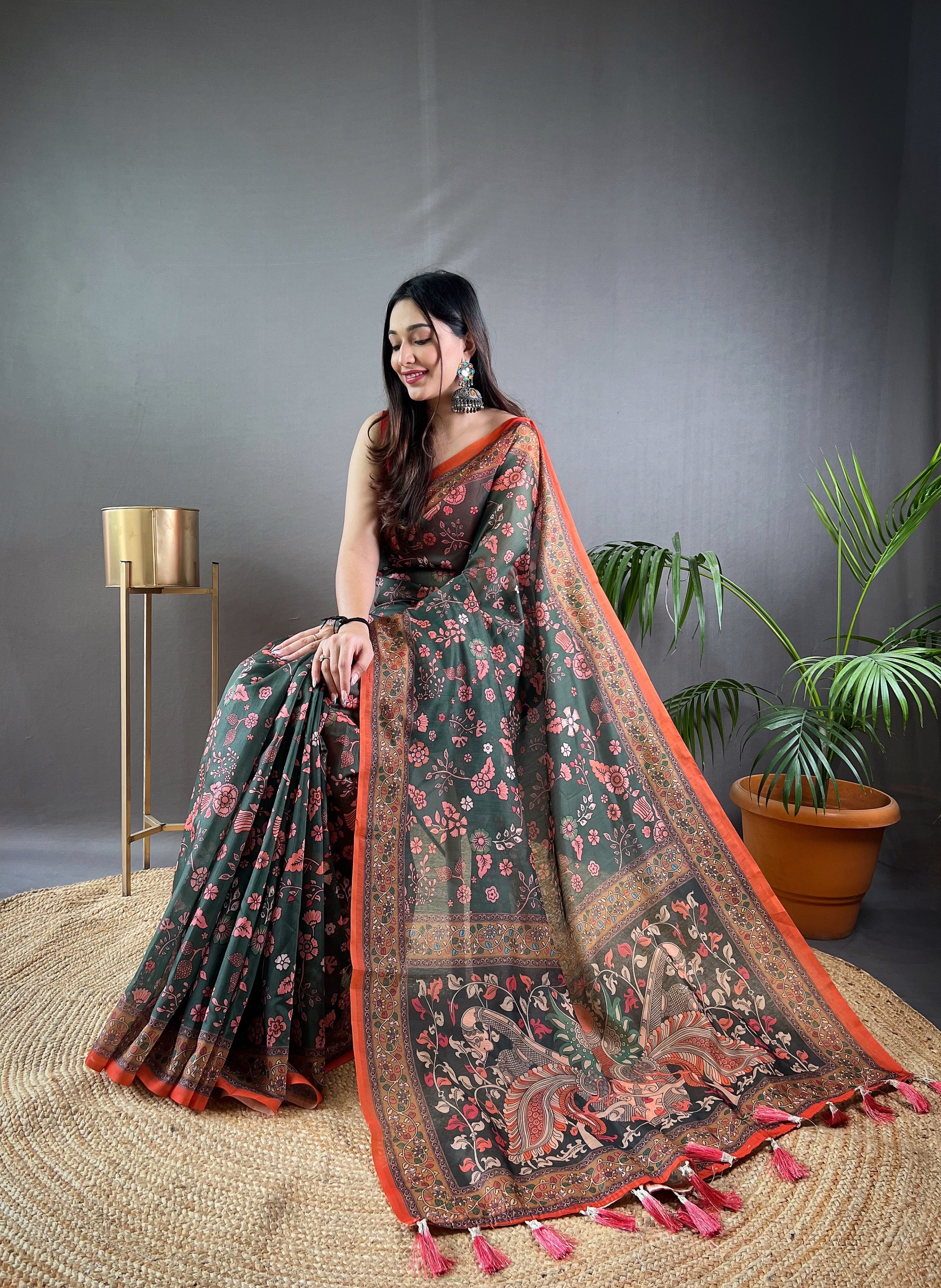 Dark Green Kalamkari Printed Malai Cotton Saree