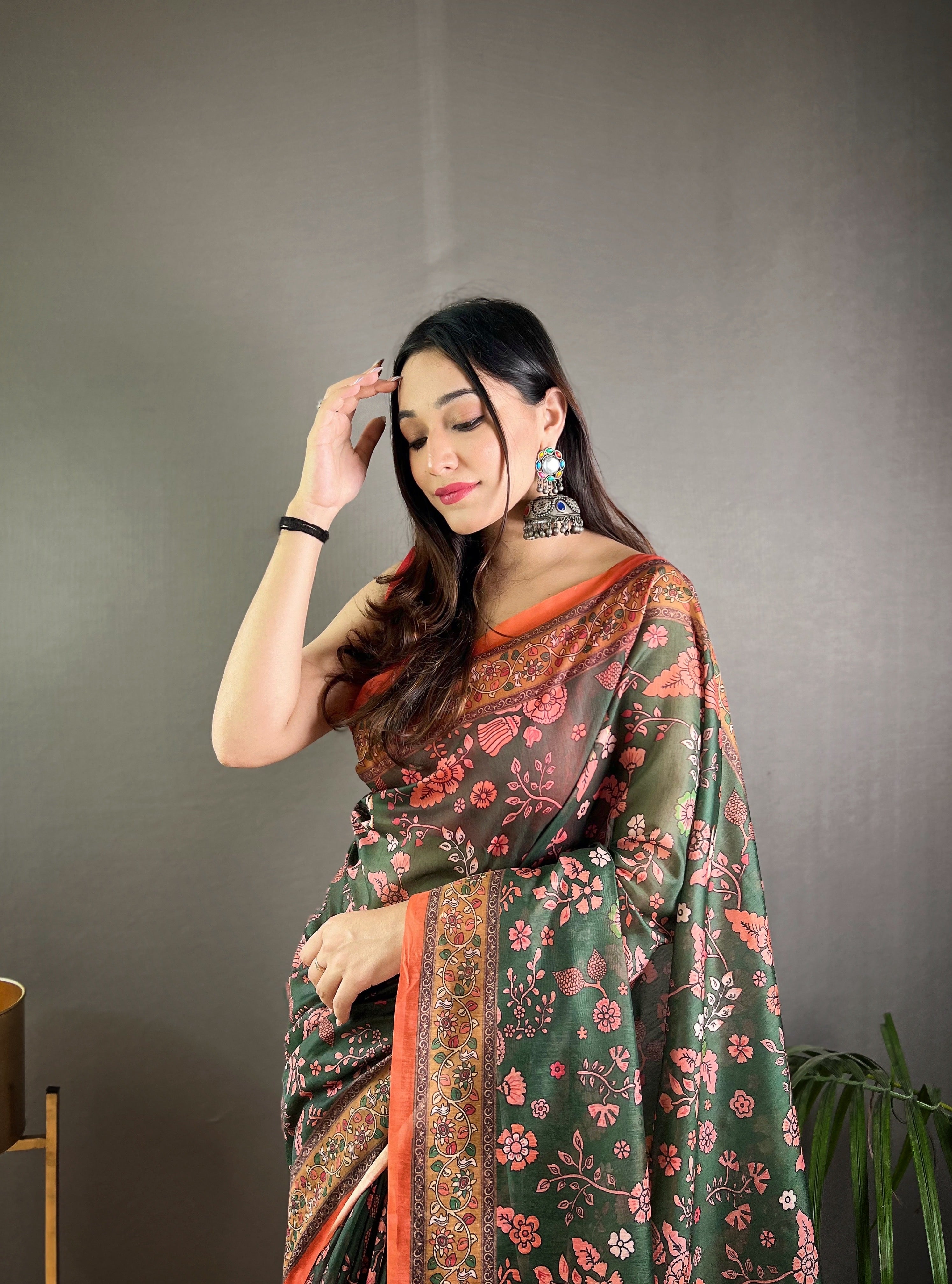 Dark Green Kalamkari Printed Malai Cotton Saree