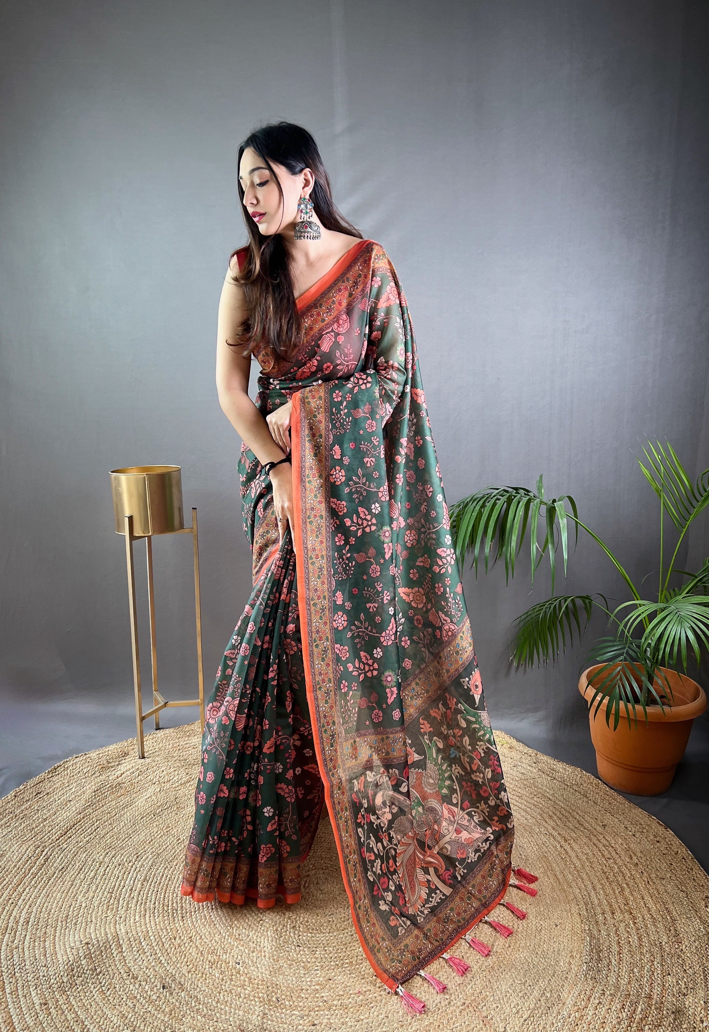 Dark Green Kalamkari Printed Malai Cotton Saree