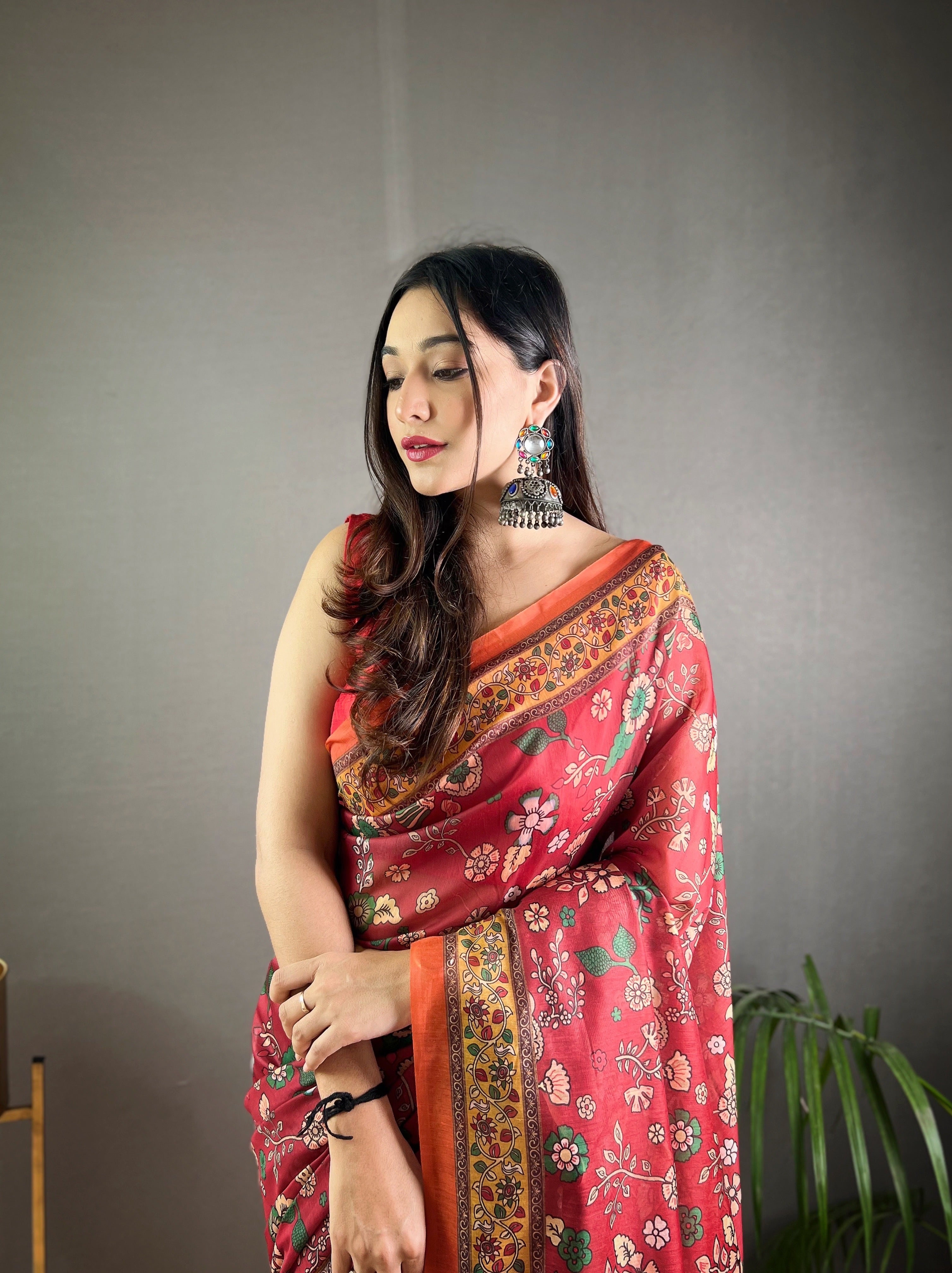 Pink Kalamkari Printed Malai Cotton Saree