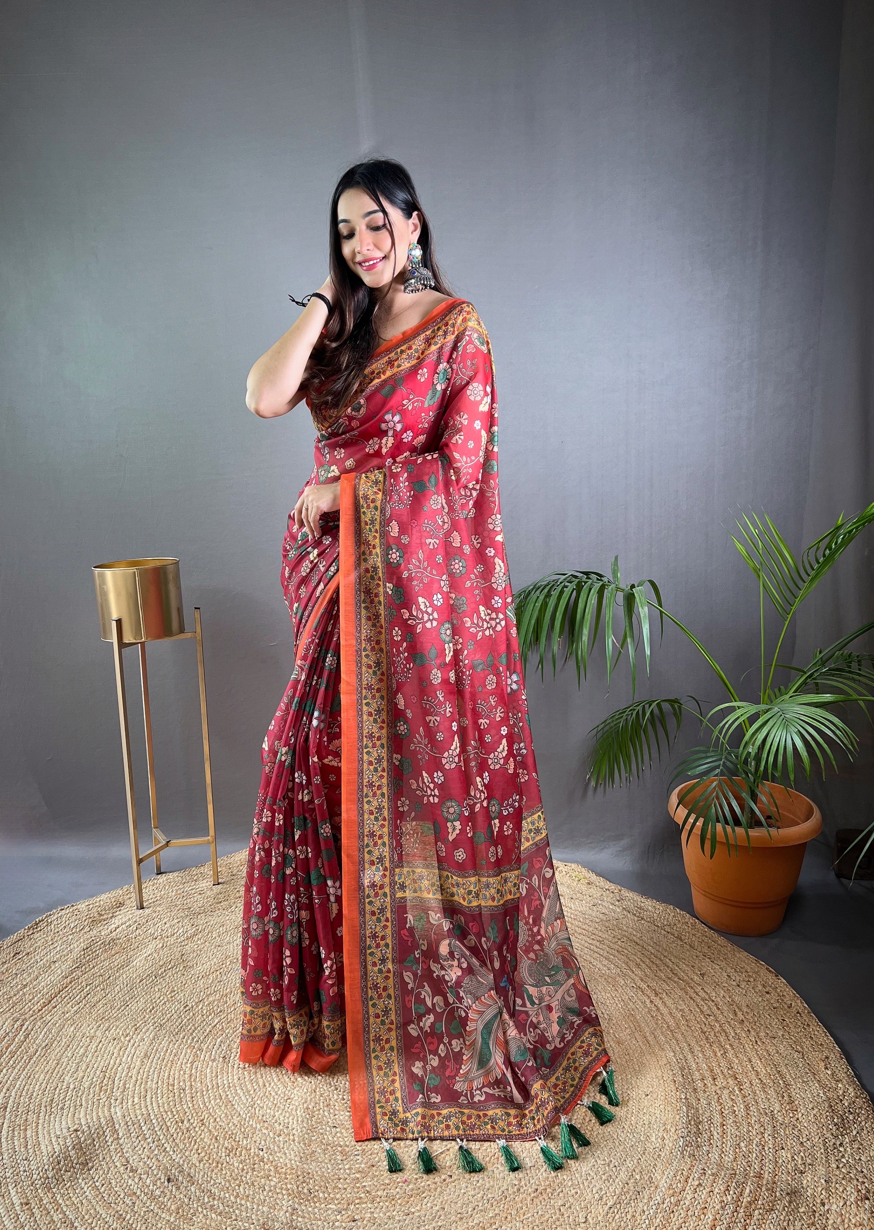 Pink Kalamkari Printed Malai Cotton Saree