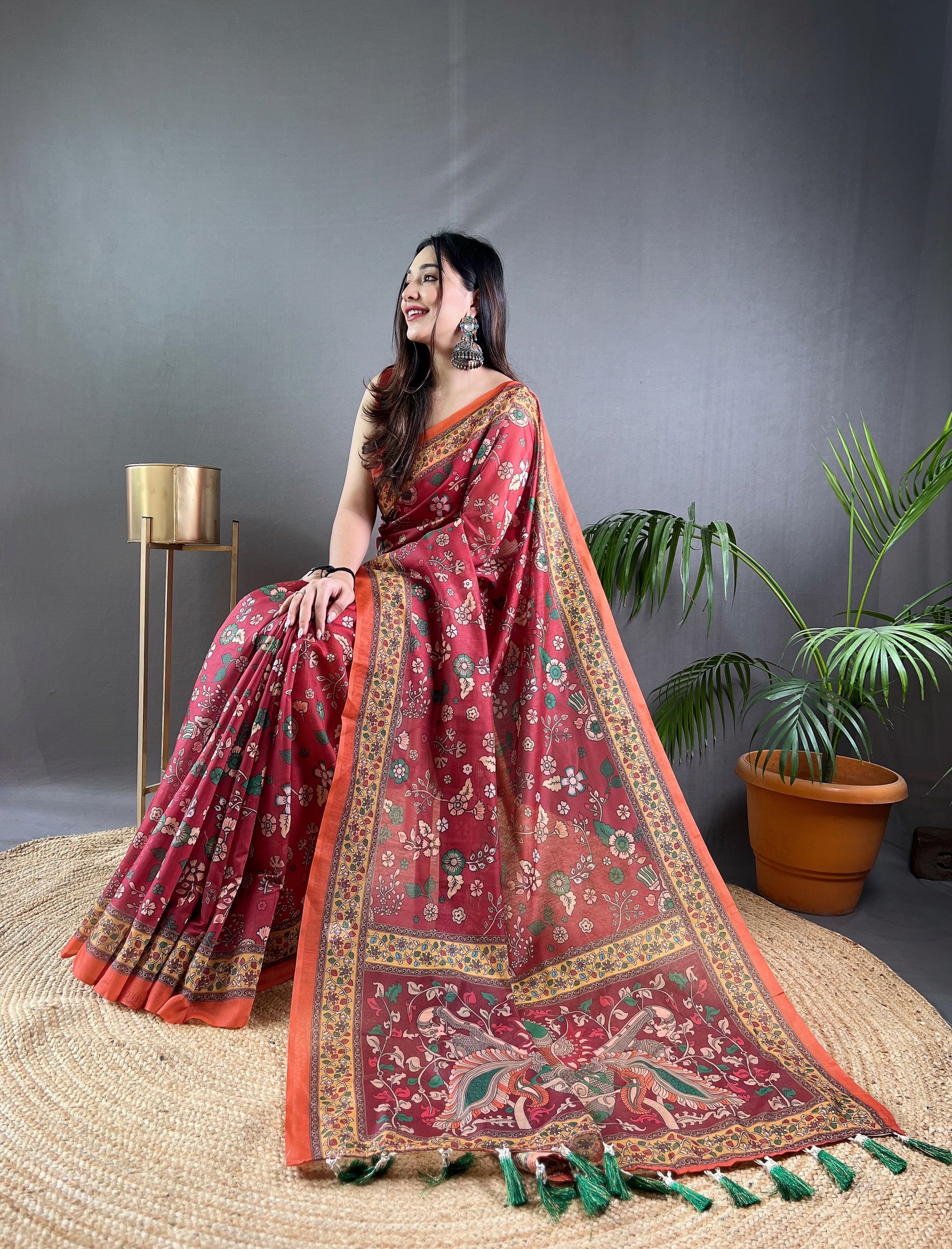 Pink Kalamkari Printed Malai Cotton Saree