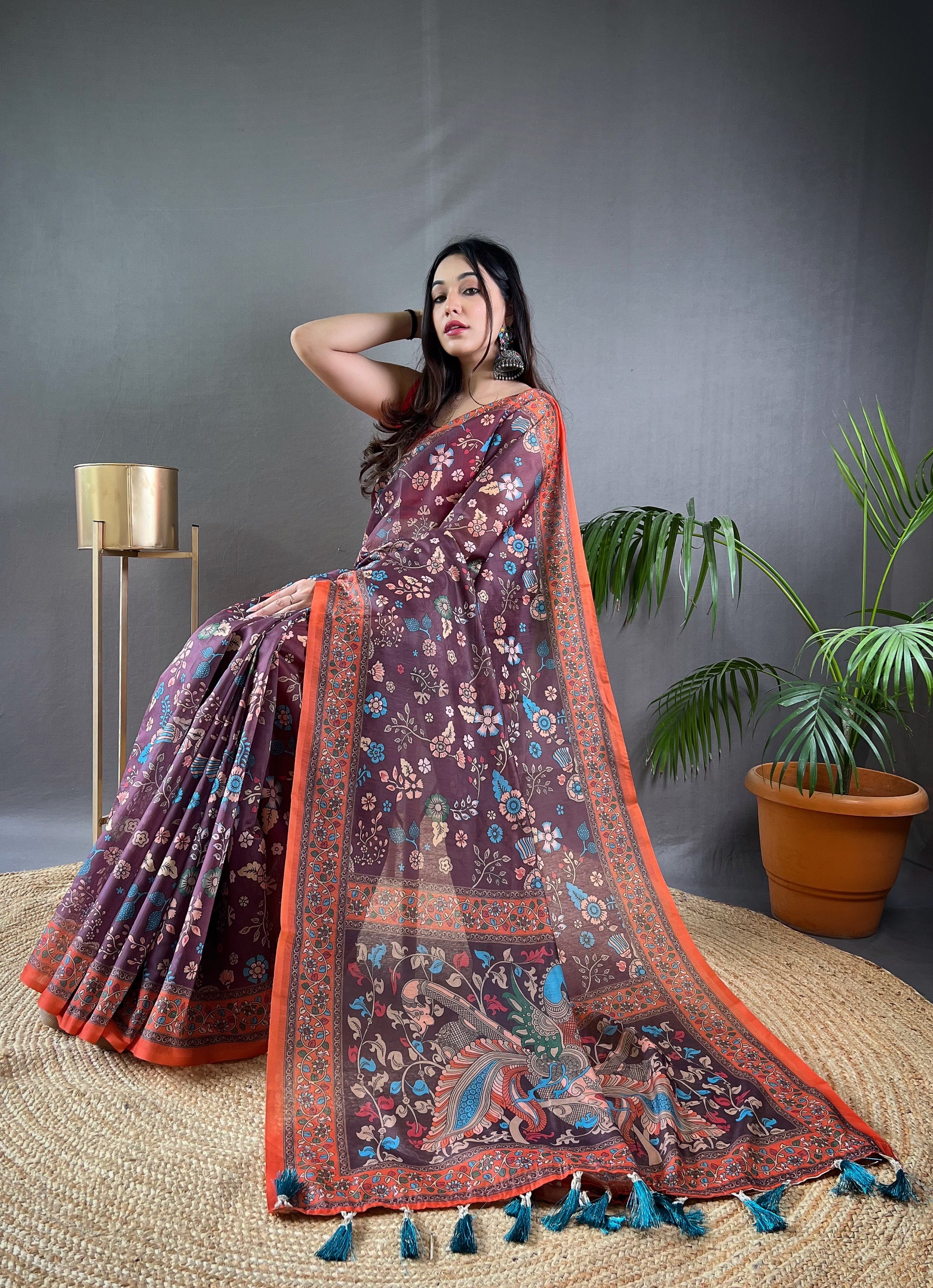 Wine Kalamkari Printed Malai Cotton Saree