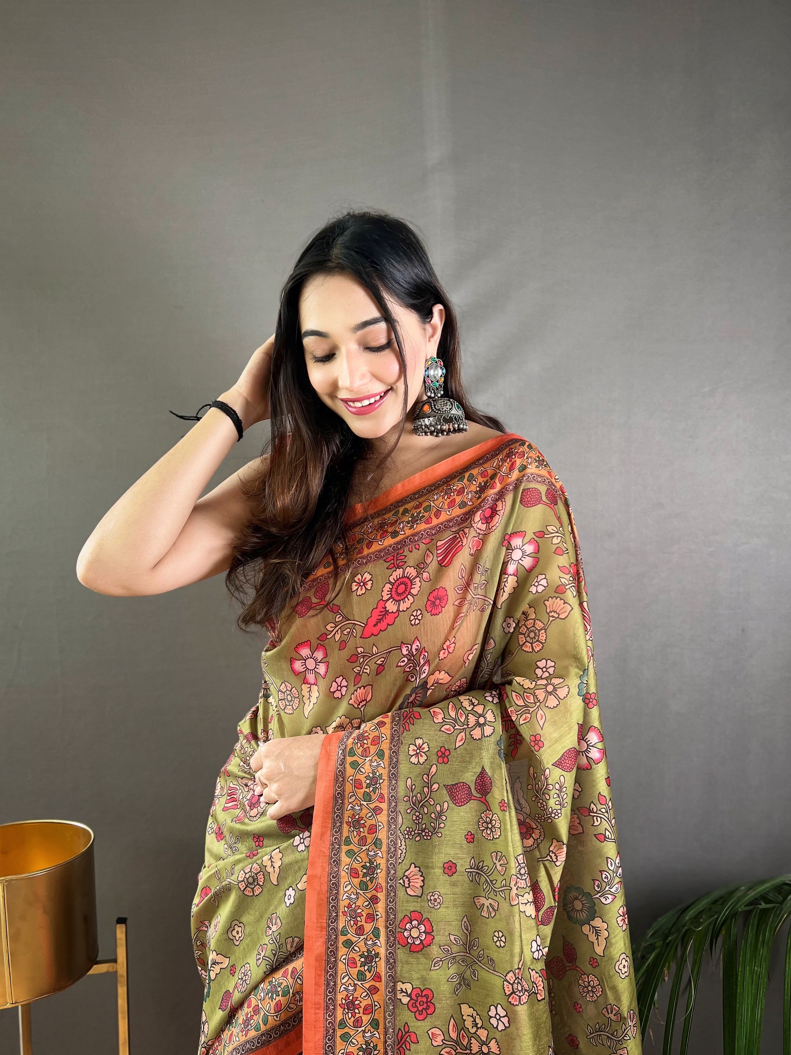Dusty Green Kalamkari Printed Malai Cotton Saree