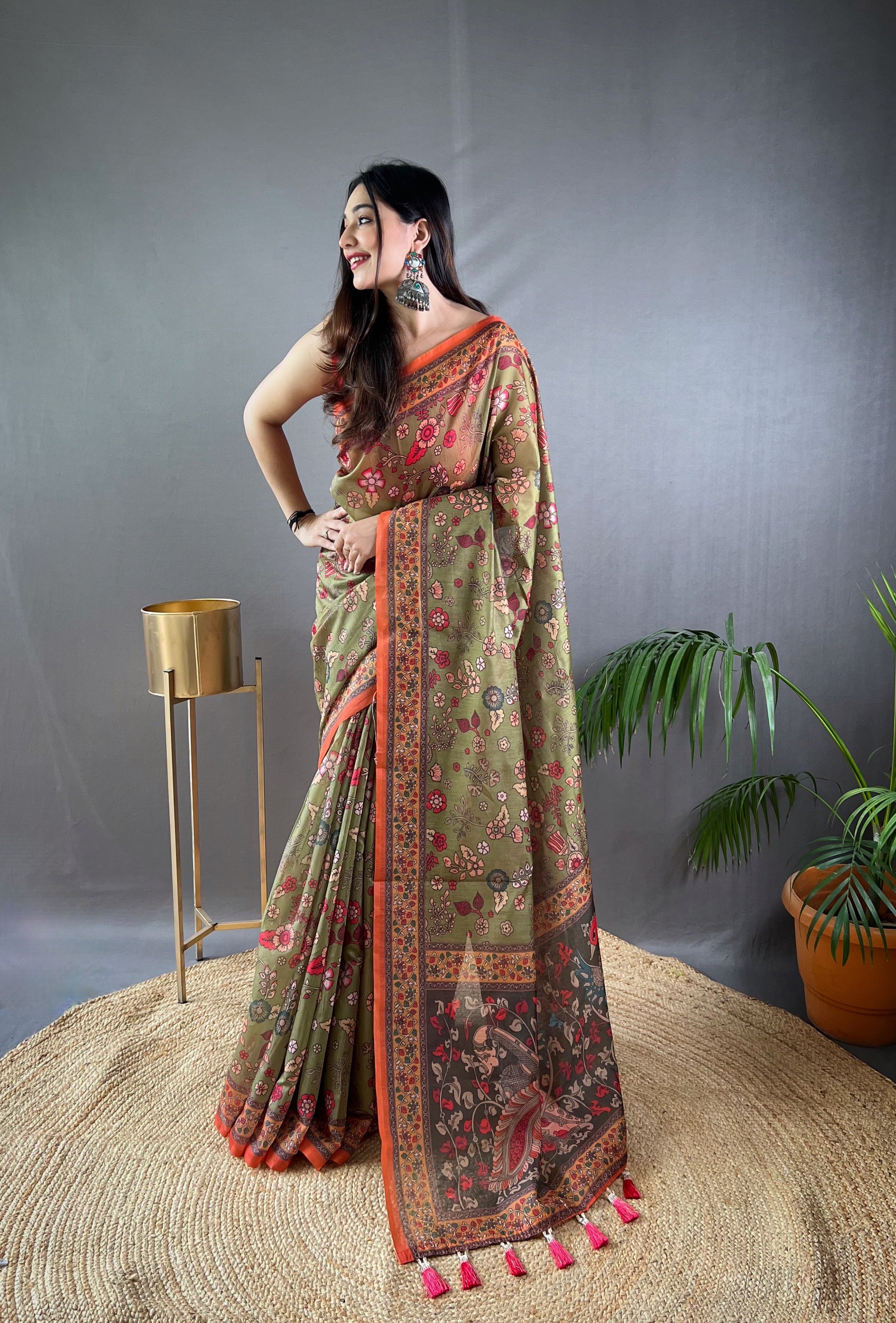 Dusty Green Kalamkari Printed Malai Cotton Saree