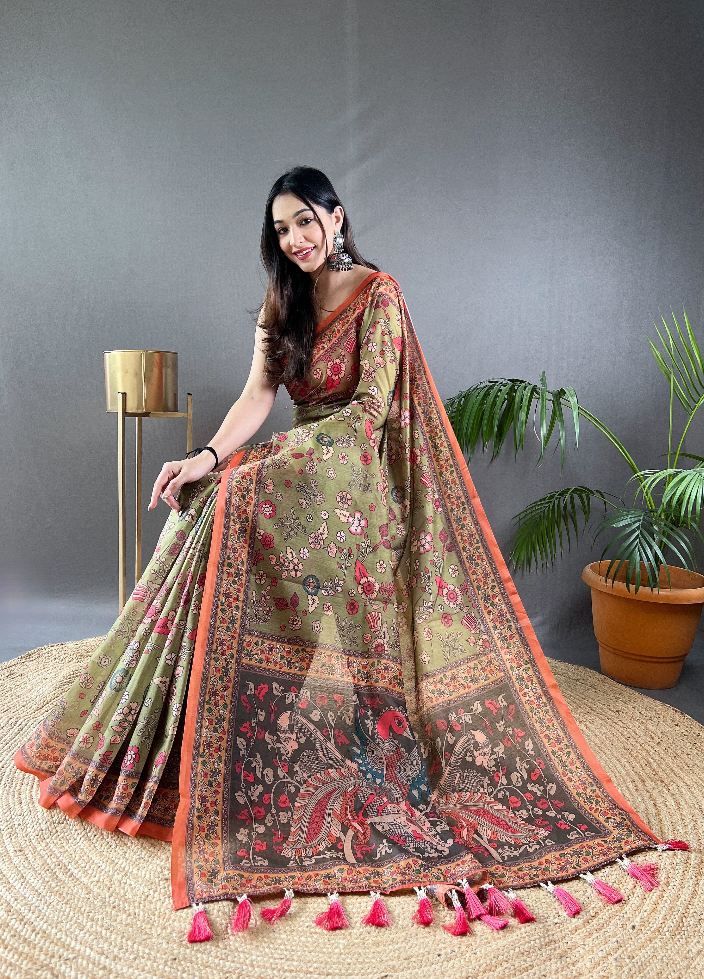 Dusty Green Kalamkari Printed Malai Cotton Saree