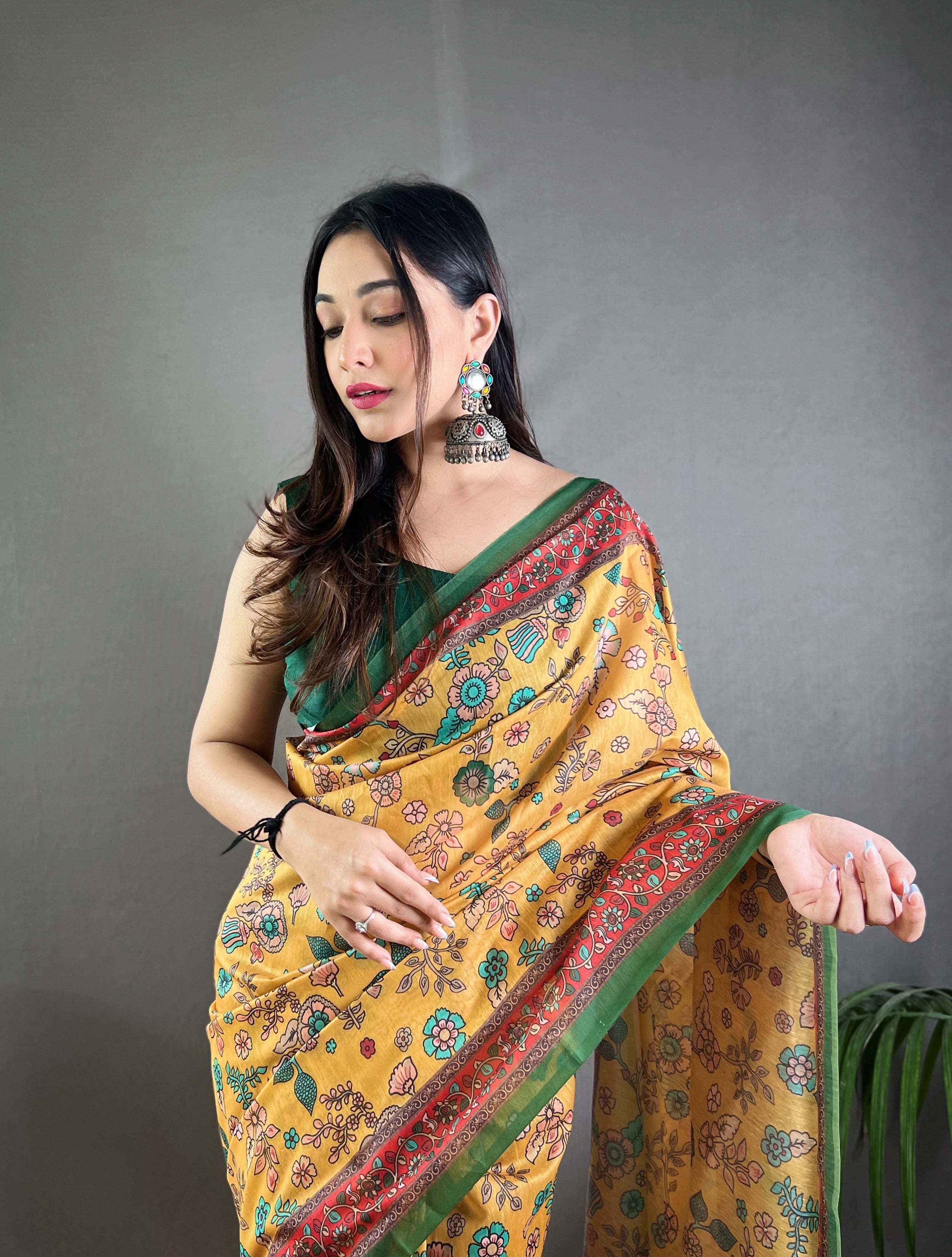 Yellow Kalamkari Printed Malai Cotton Saree