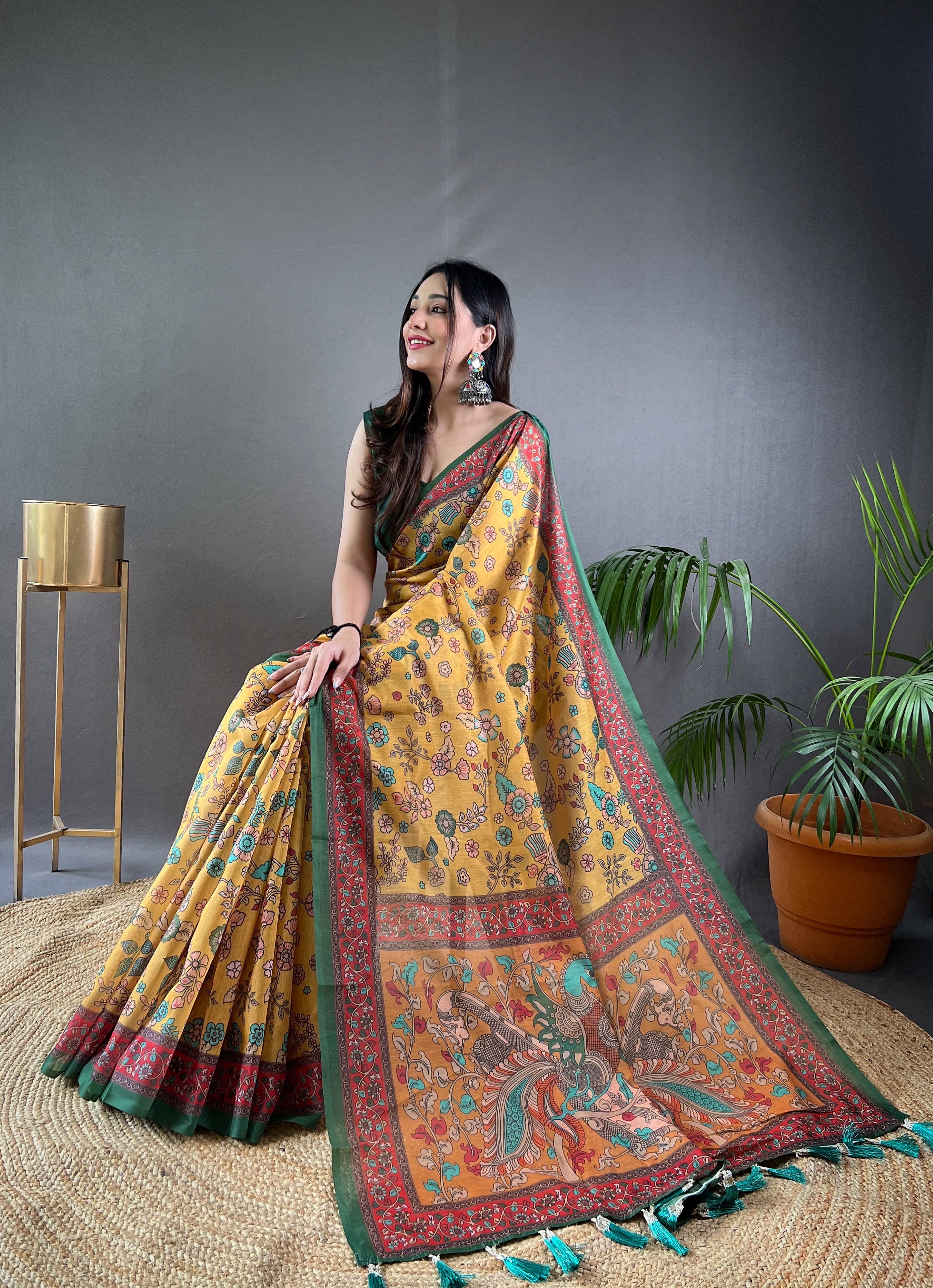 Yellow Kalamkari Printed Malai Cotton Saree
