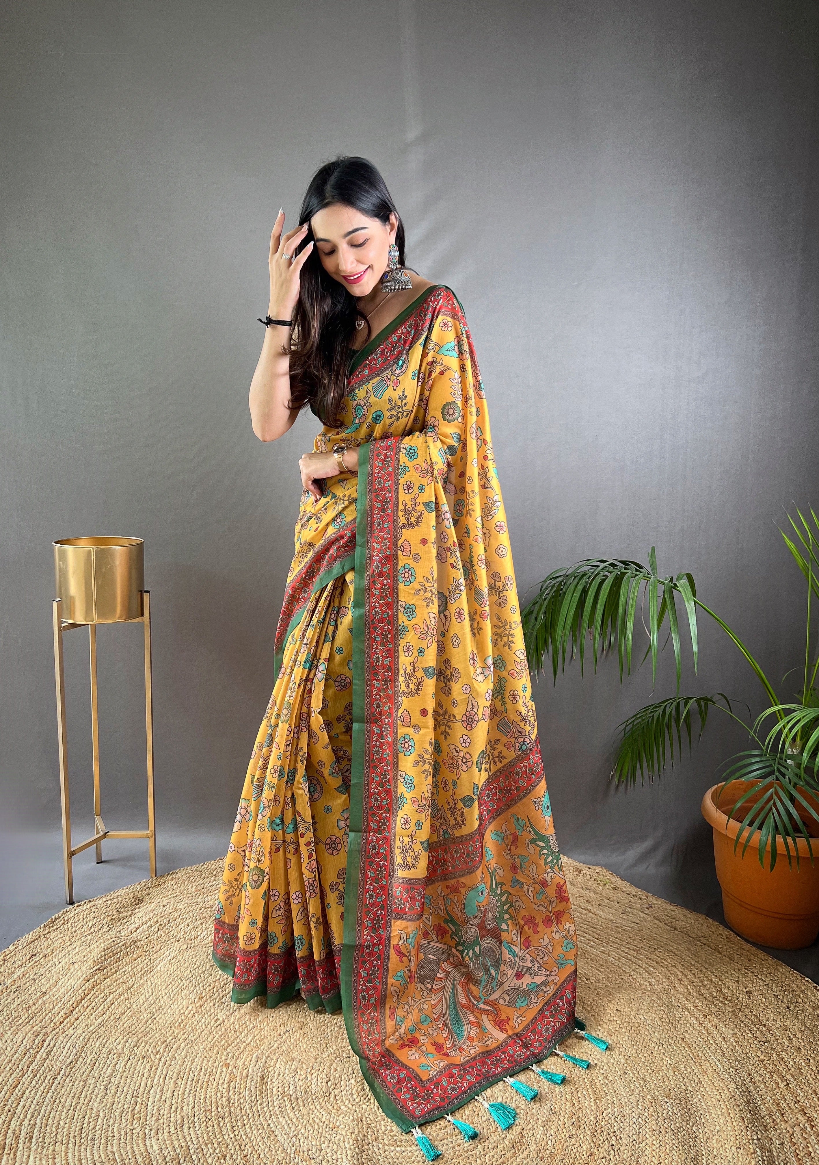 Yellow Kalamkari Printed Malai Cotton Saree