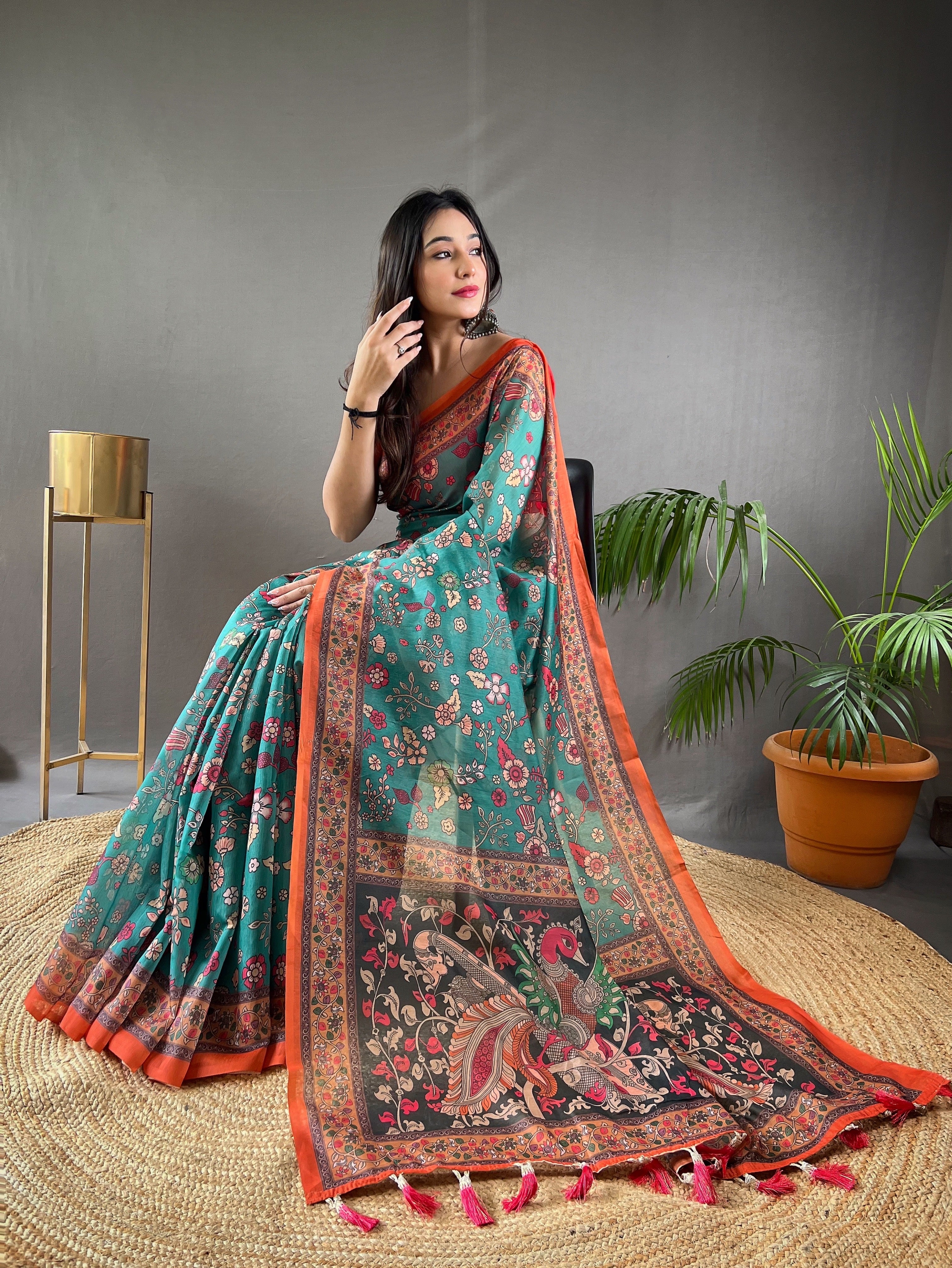 Sky Blue Kalamkari Printed Malai Cotton Saree