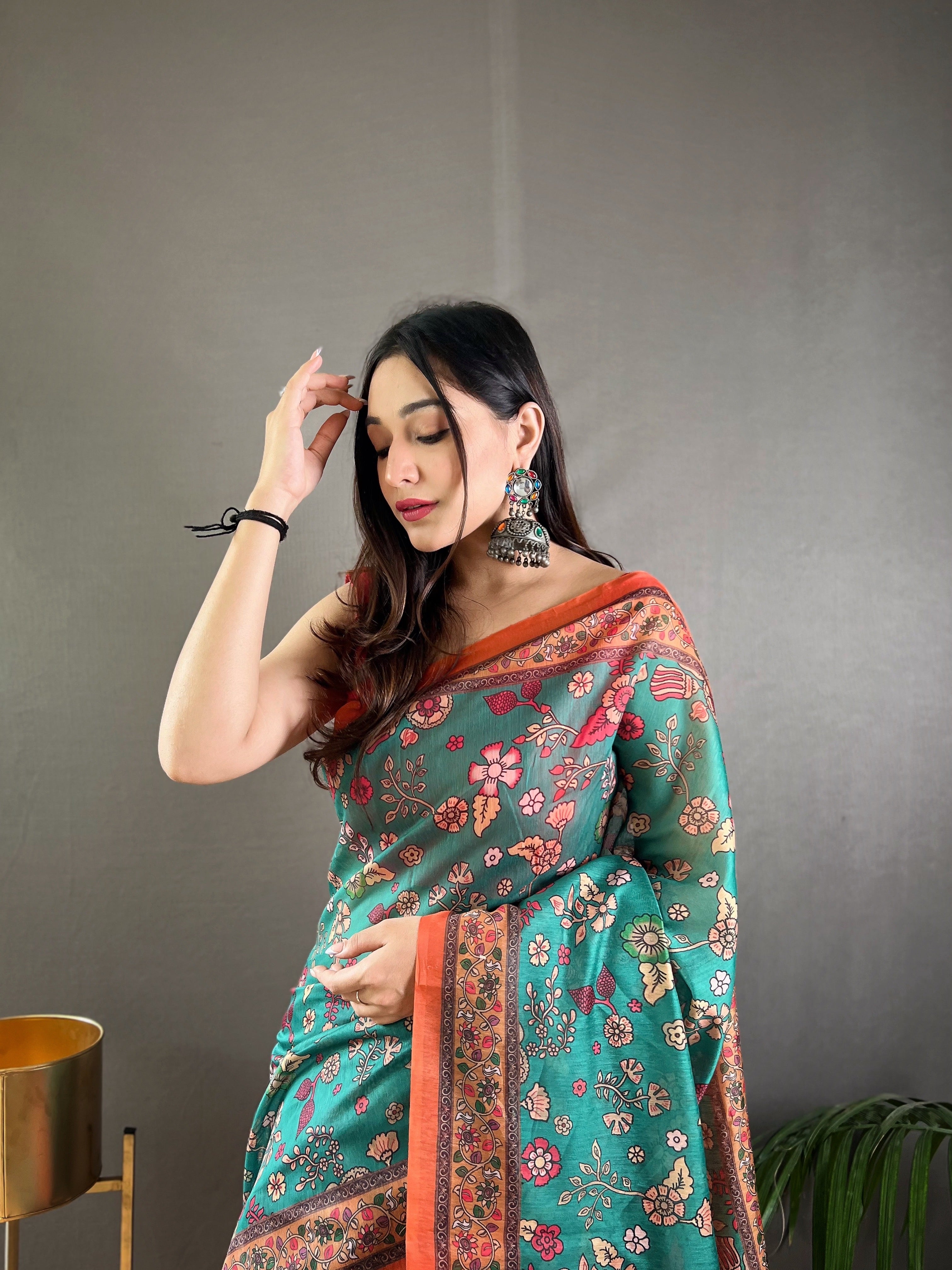 Sky Blue Kalamkari Printed Malai Cotton Saree