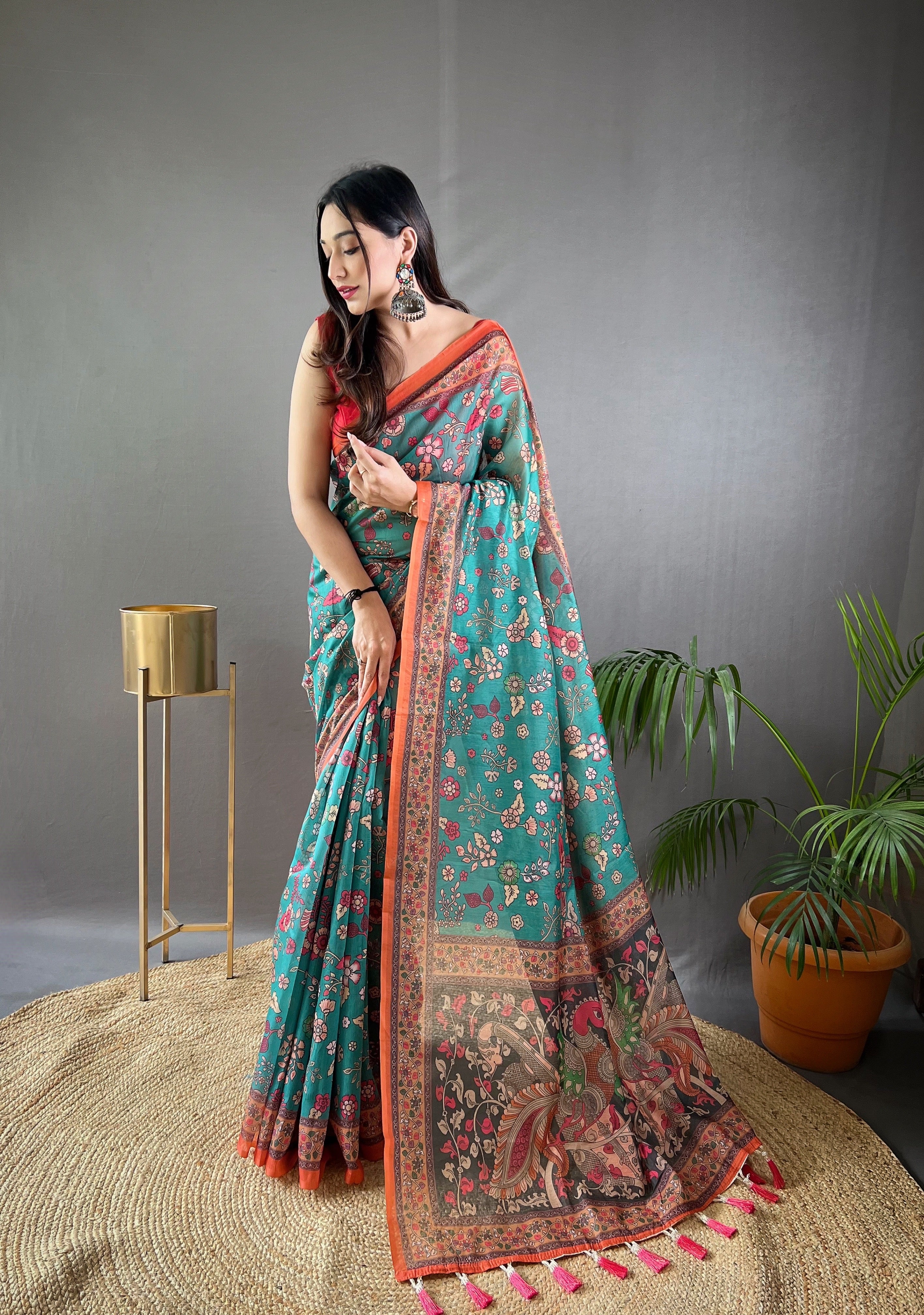Sky Blue Kalamkari Printed Malai Cotton Saree
