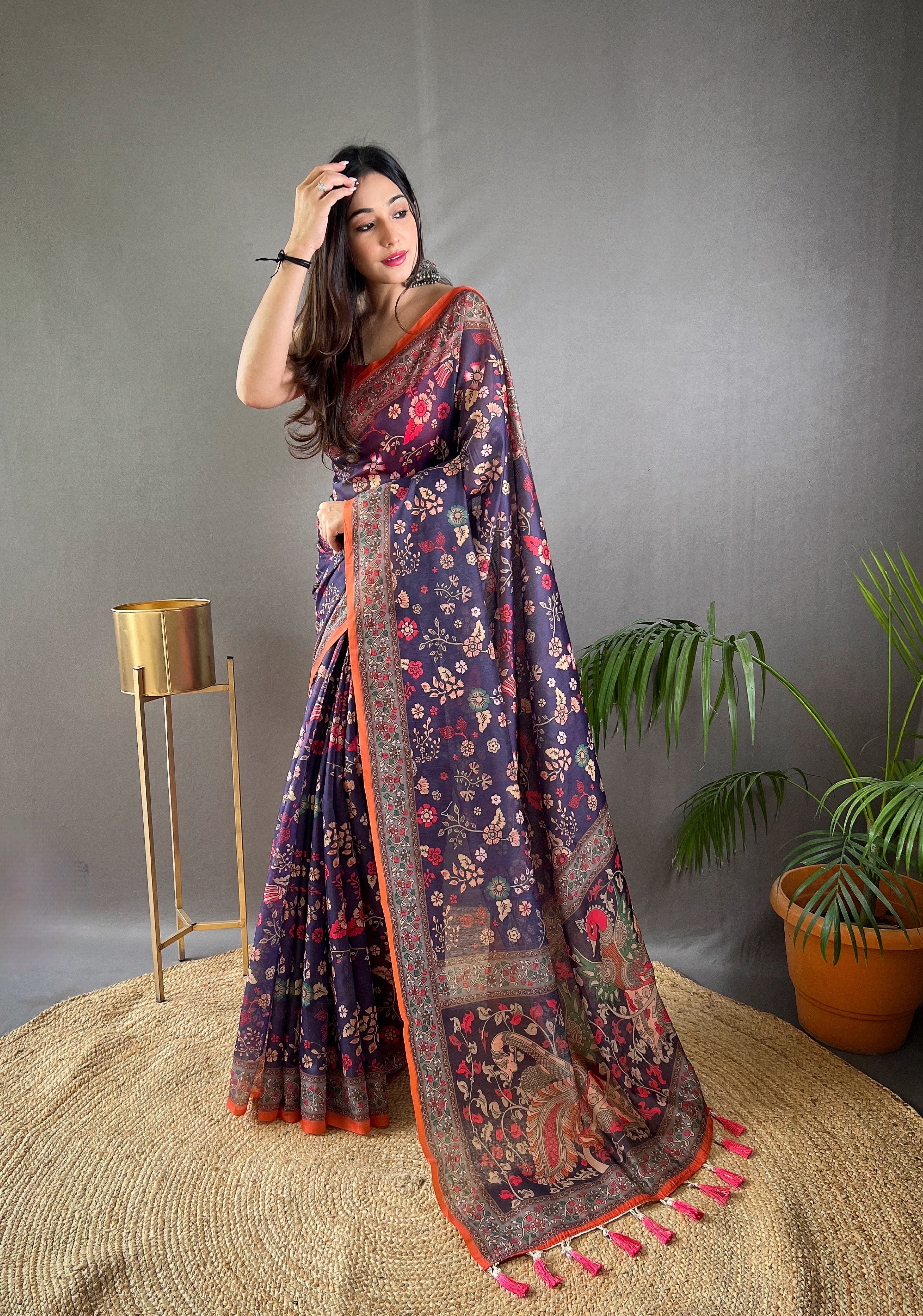 Dark Blue Kalamkari Printed Malai Cotton Saree