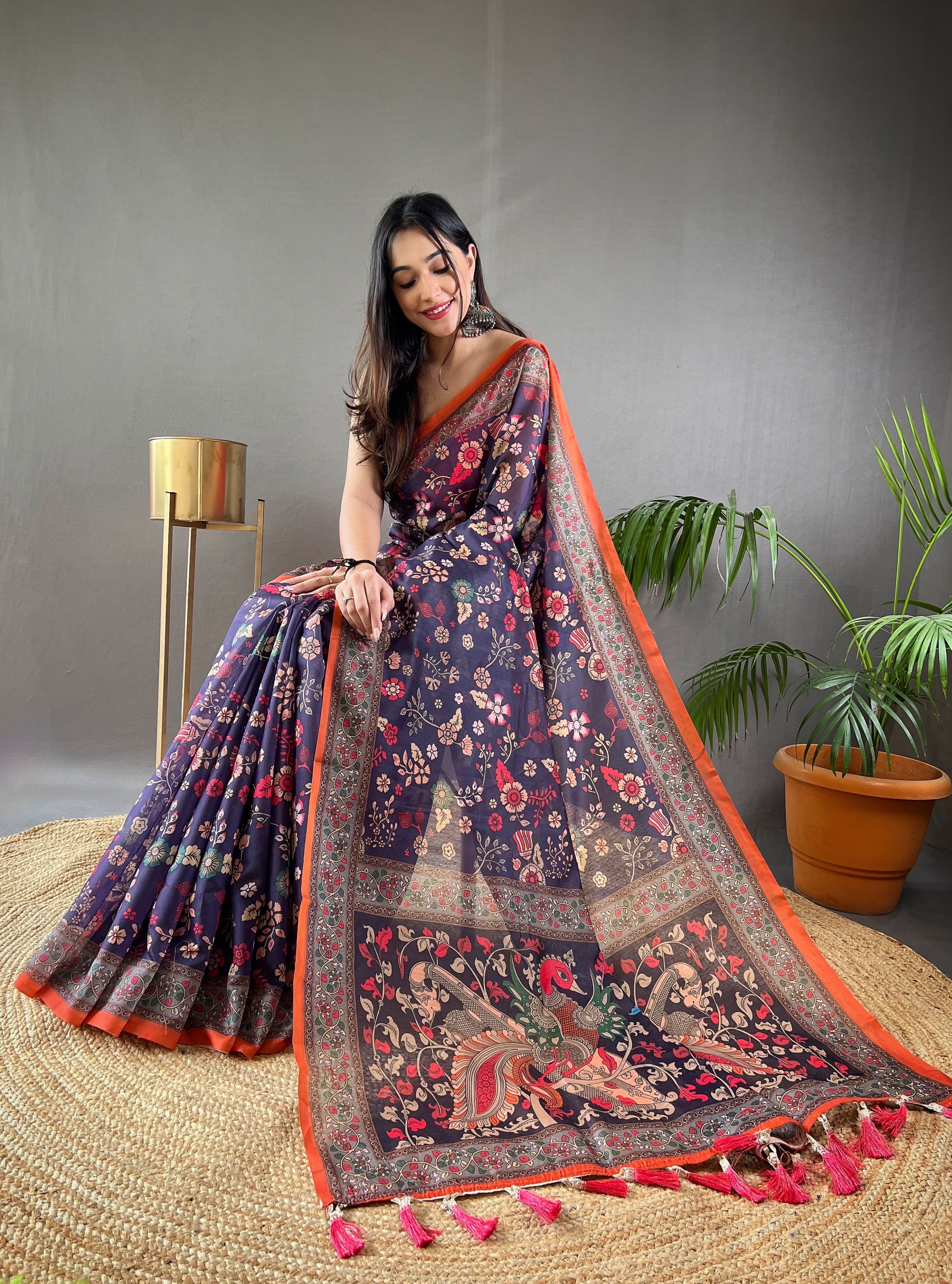 Dark Blue Kalamkari Printed Malai Cotton Saree