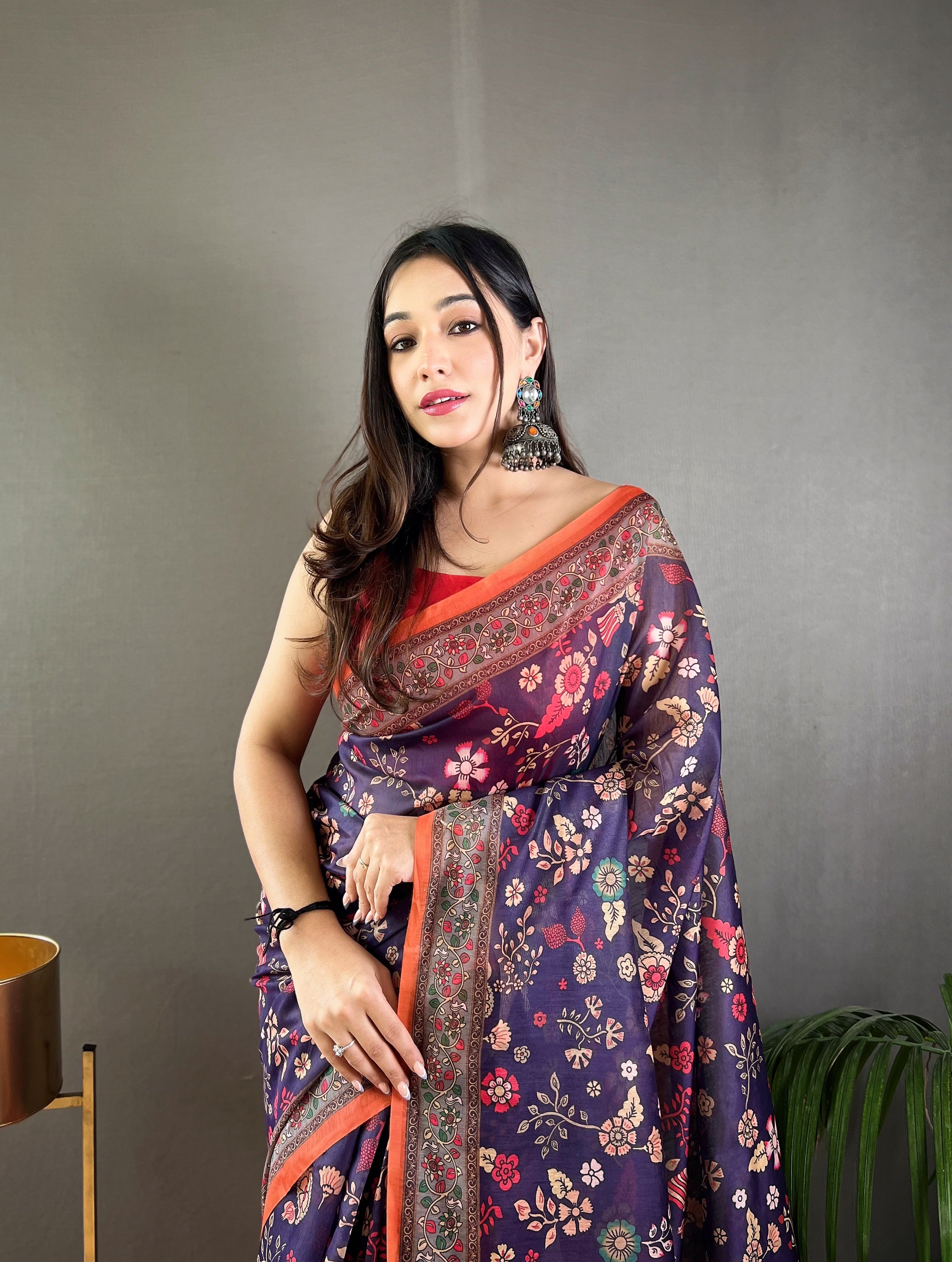Dark Blue Kalamkari Printed Malai Cotton Saree