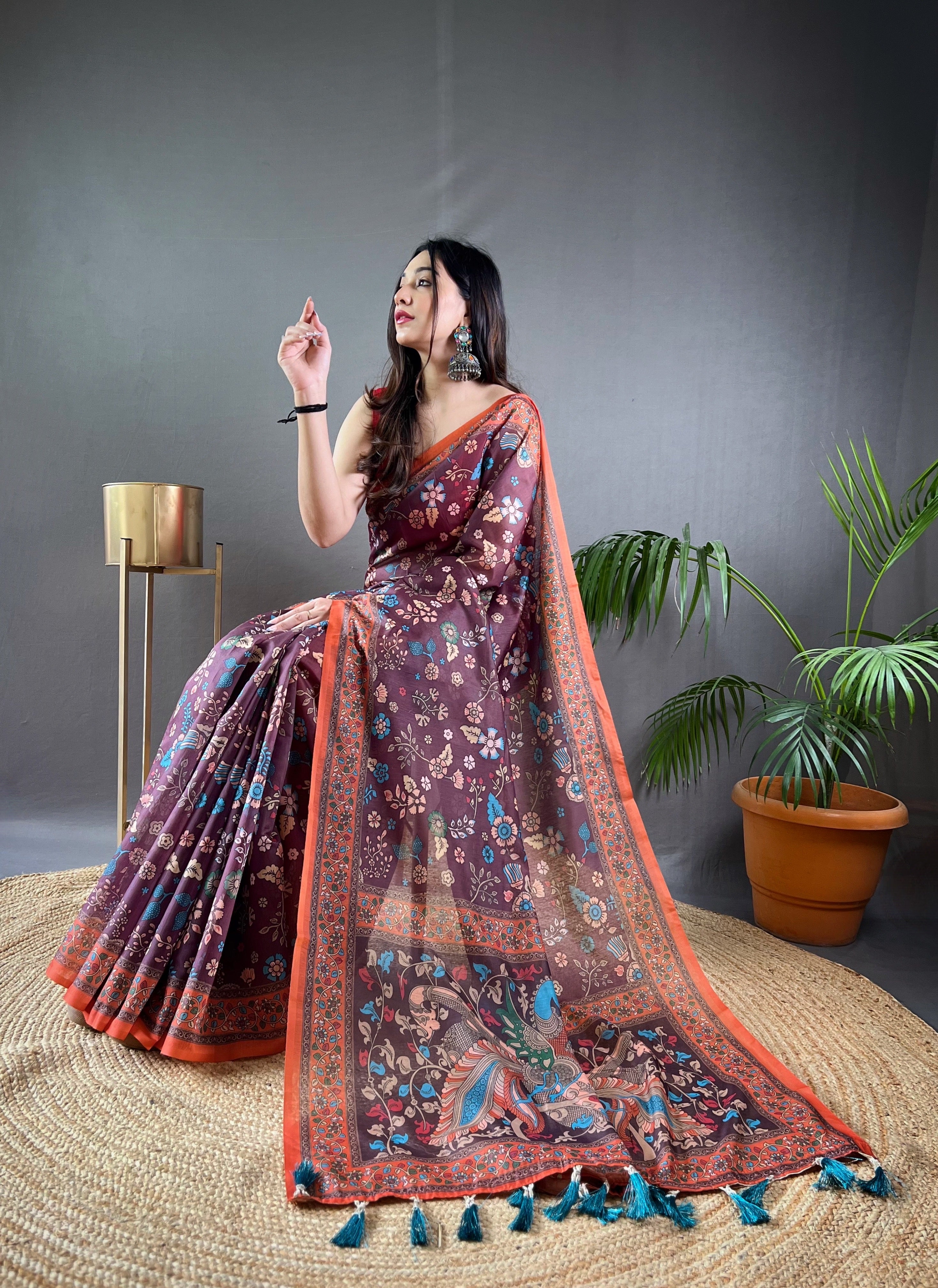 Dark Blue Kalamkari Printed Malai Cotton Saree