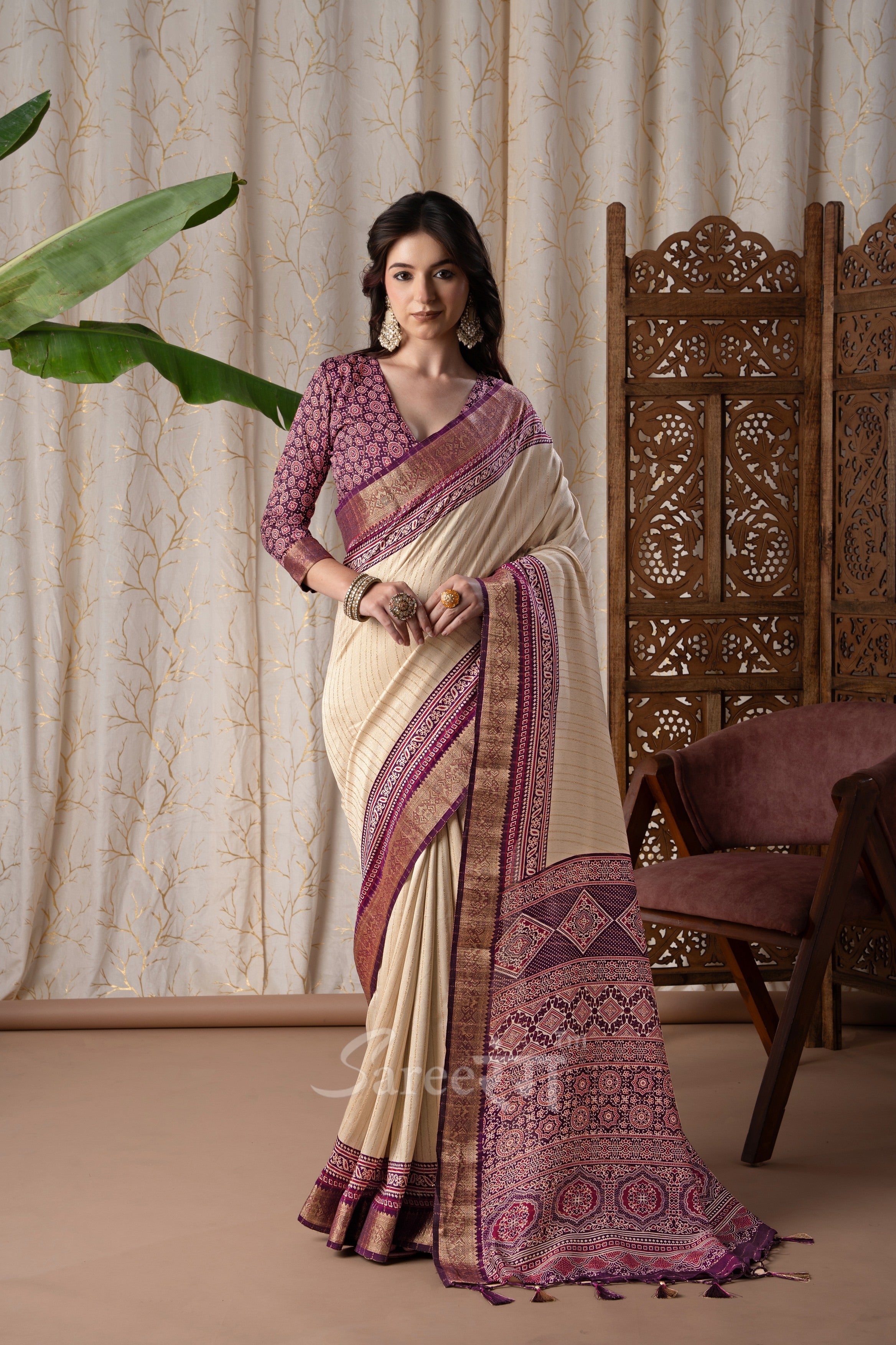 Jalpari Wine And Cream Pashmina Modal Silk Ajrakh Printed Saree