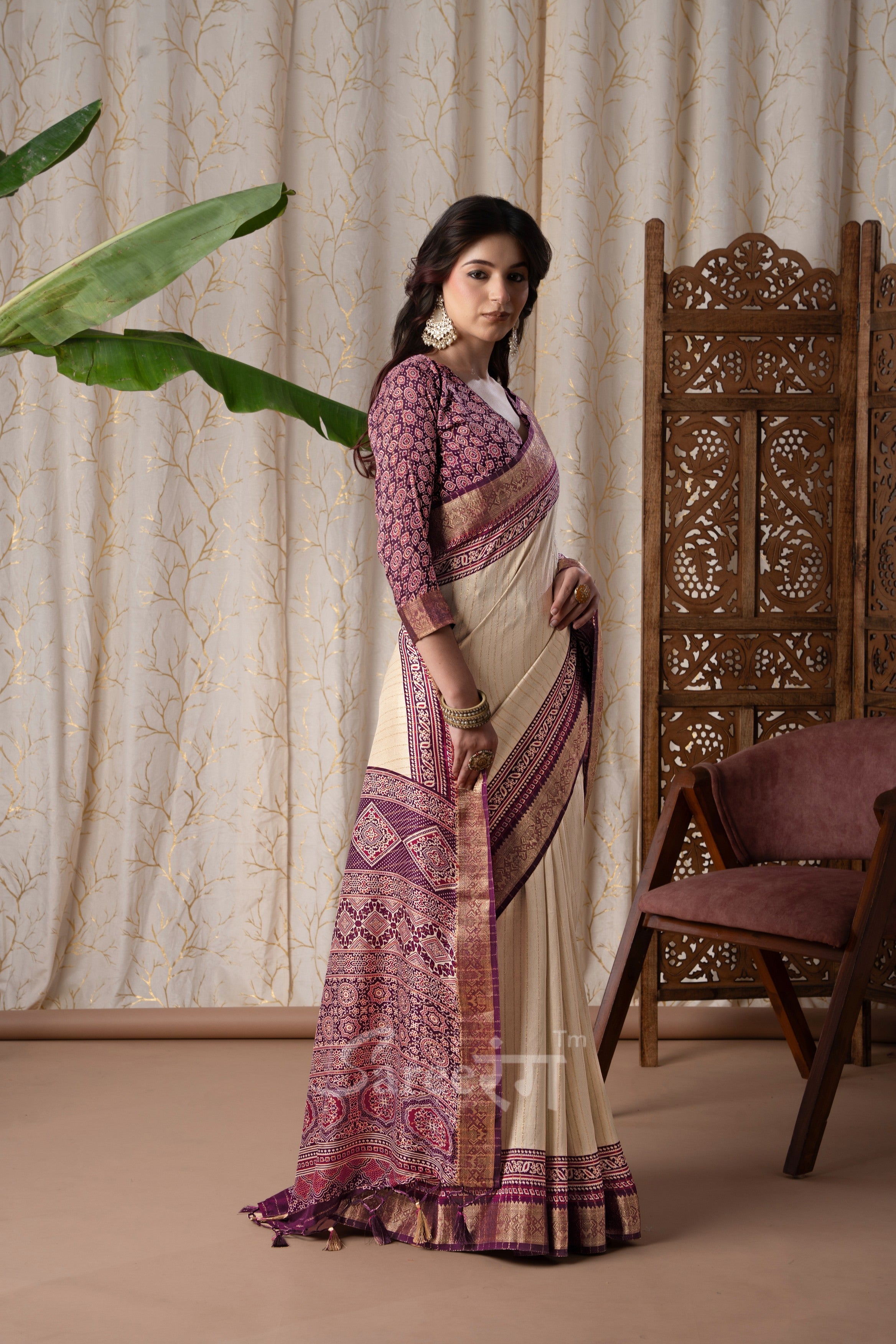 Jalpari Wine And Cream Pashmina Modal Silk Ajrakh Printed Saree