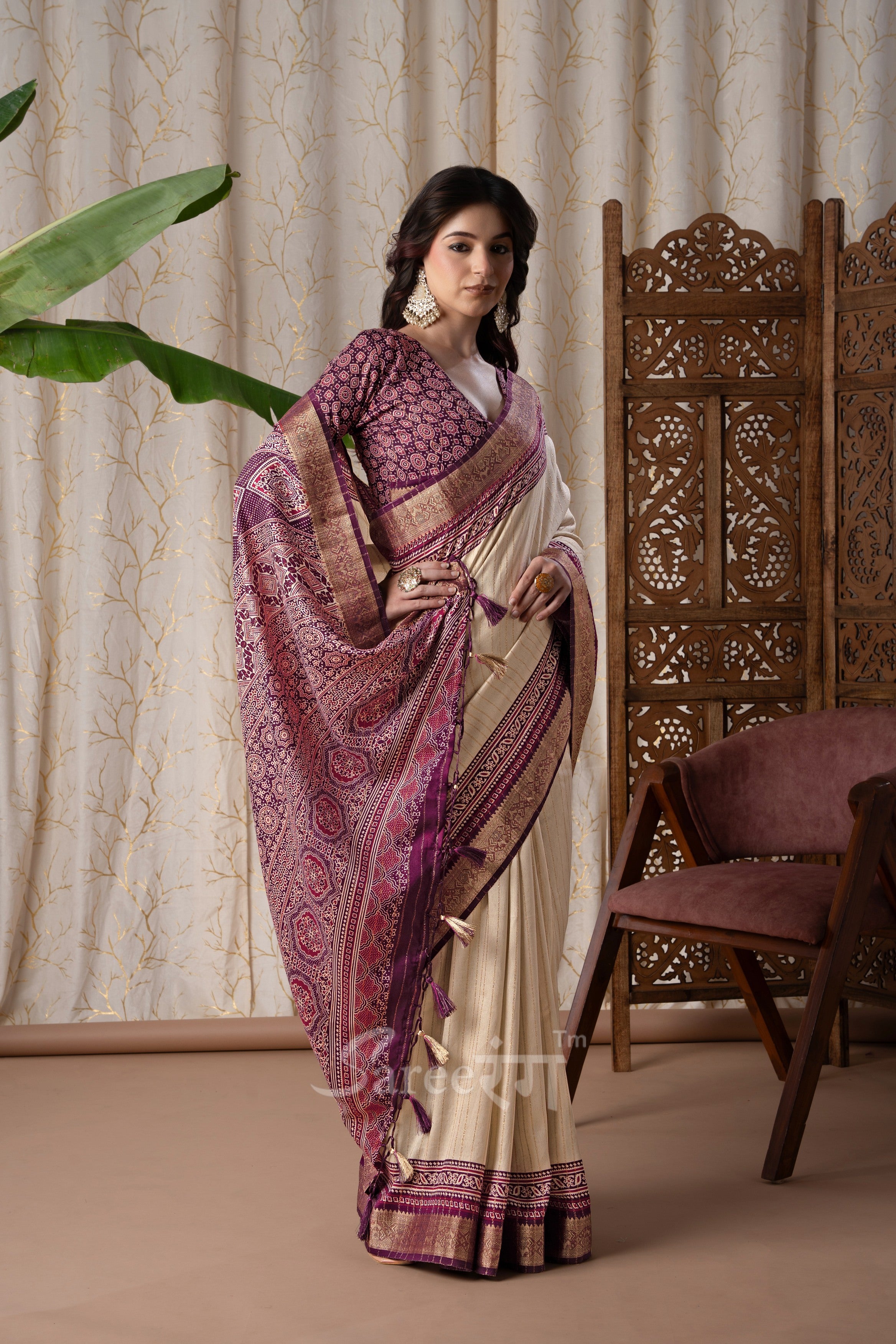 Jalpari Wine And Cream Pashmina Modal Silk Ajrakh Printed Saree