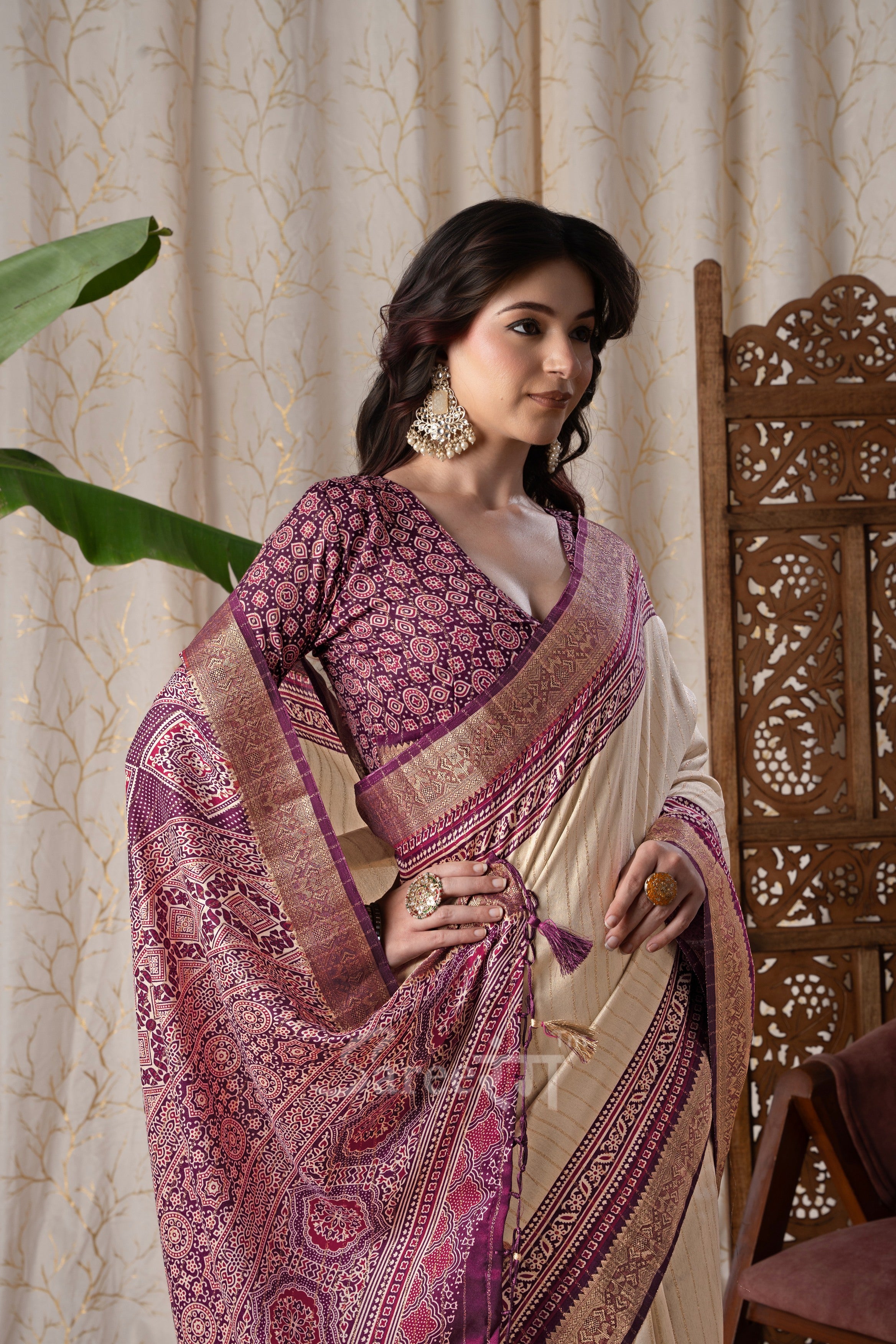 Jalpari Wine And Cream Pashmina Modal Silk Ajrakh Printed Saree