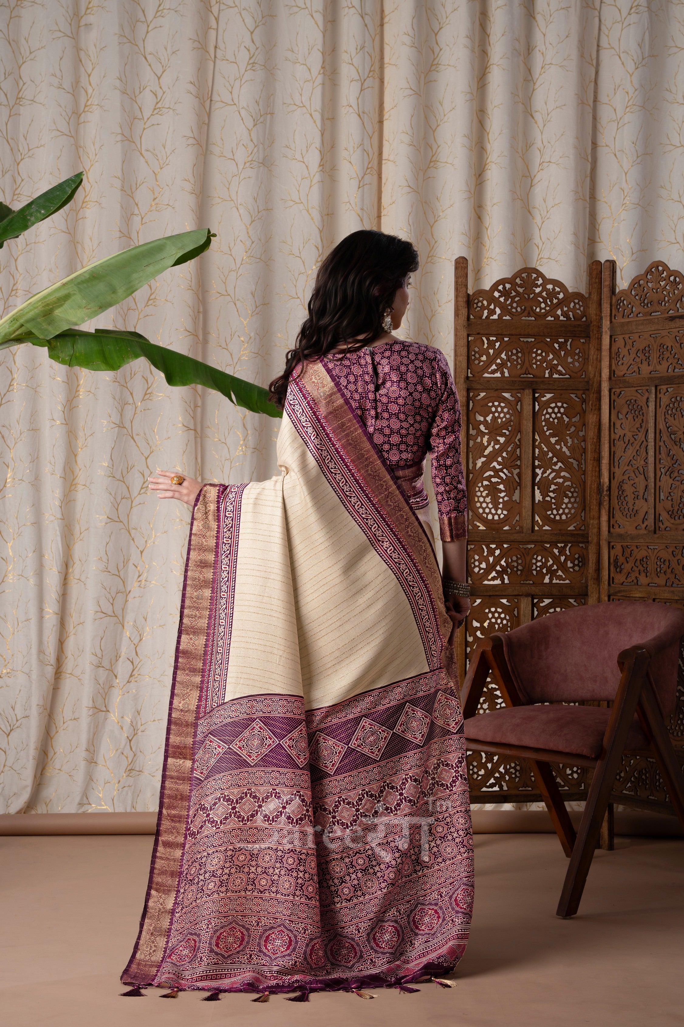Jalpari Wine And Cream Pashmina Modal Silk Ajrakh Printed Saree