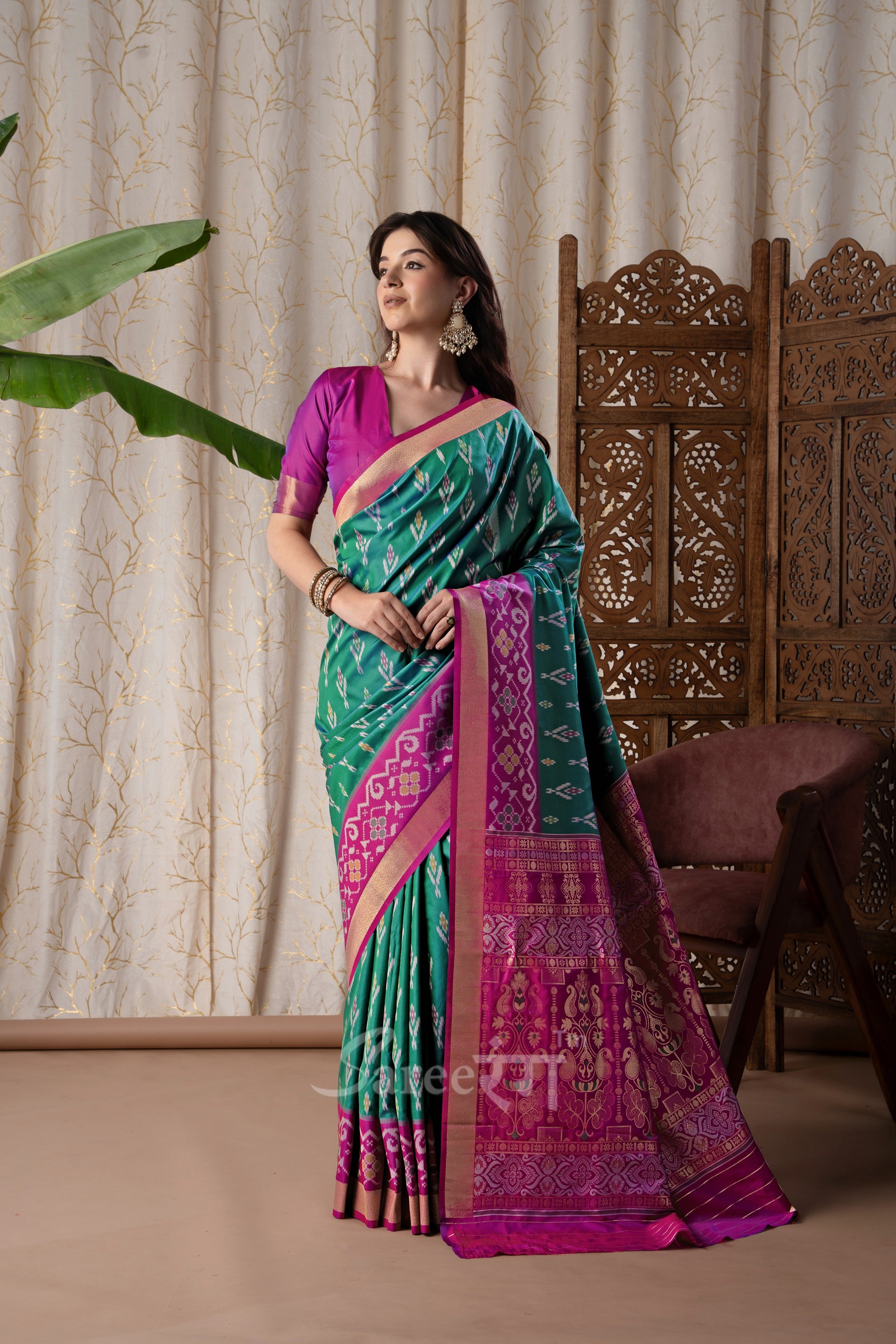 Pyramid Green Banarasi Soft Silk Ikkat Border Saree