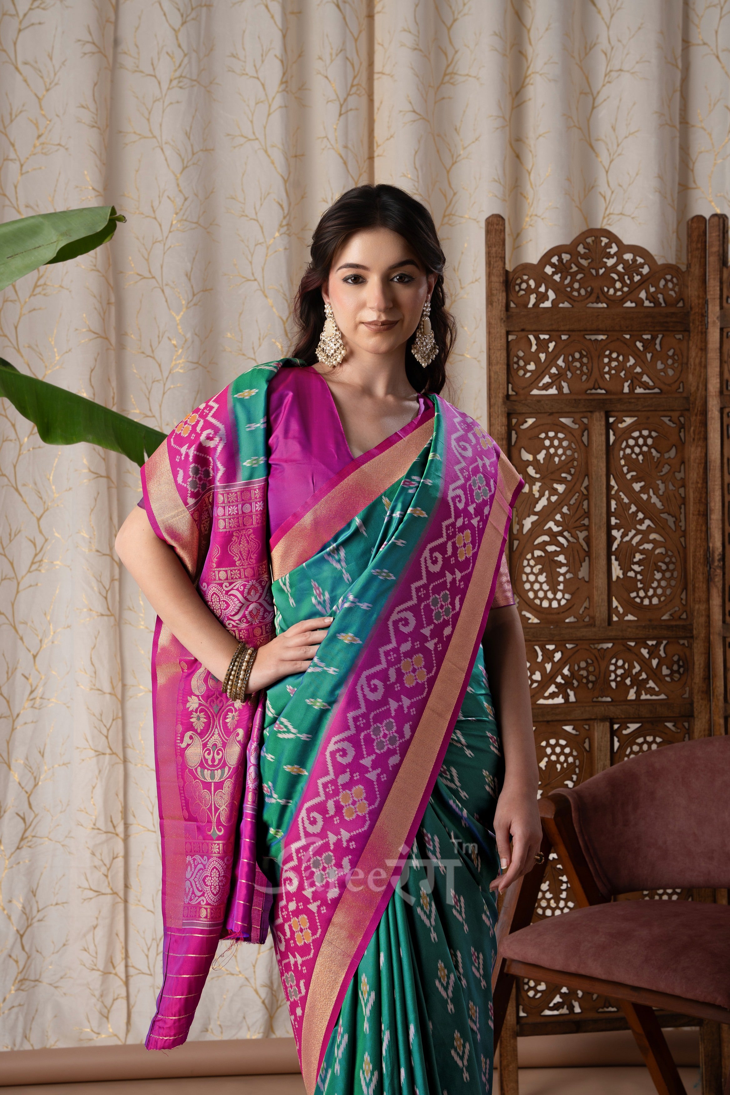 Pyramid Green Banarasi Soft Silk Ikkat Border Saree