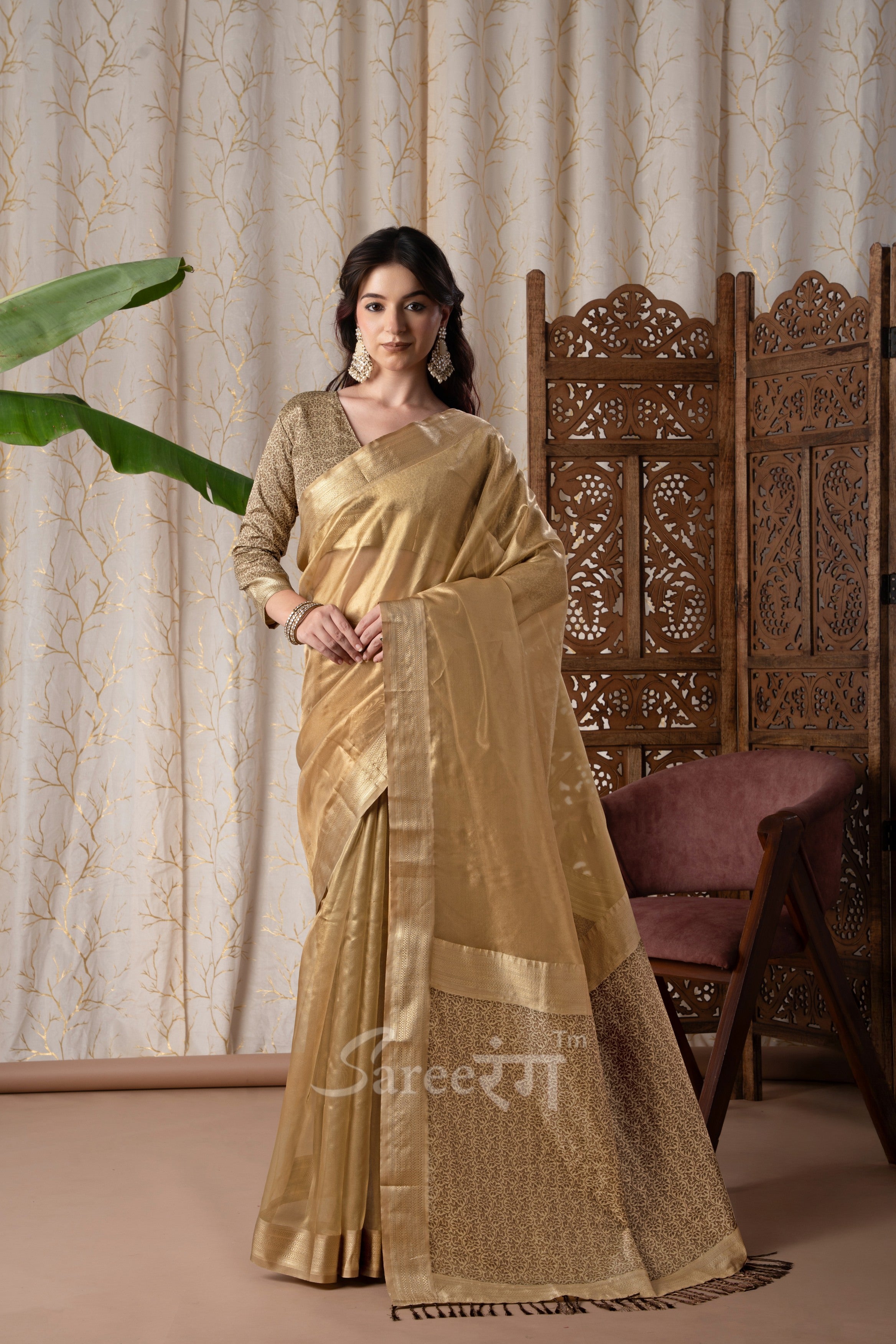 Titan Stone Beige Pure Tissue Silk Weaving Saree
