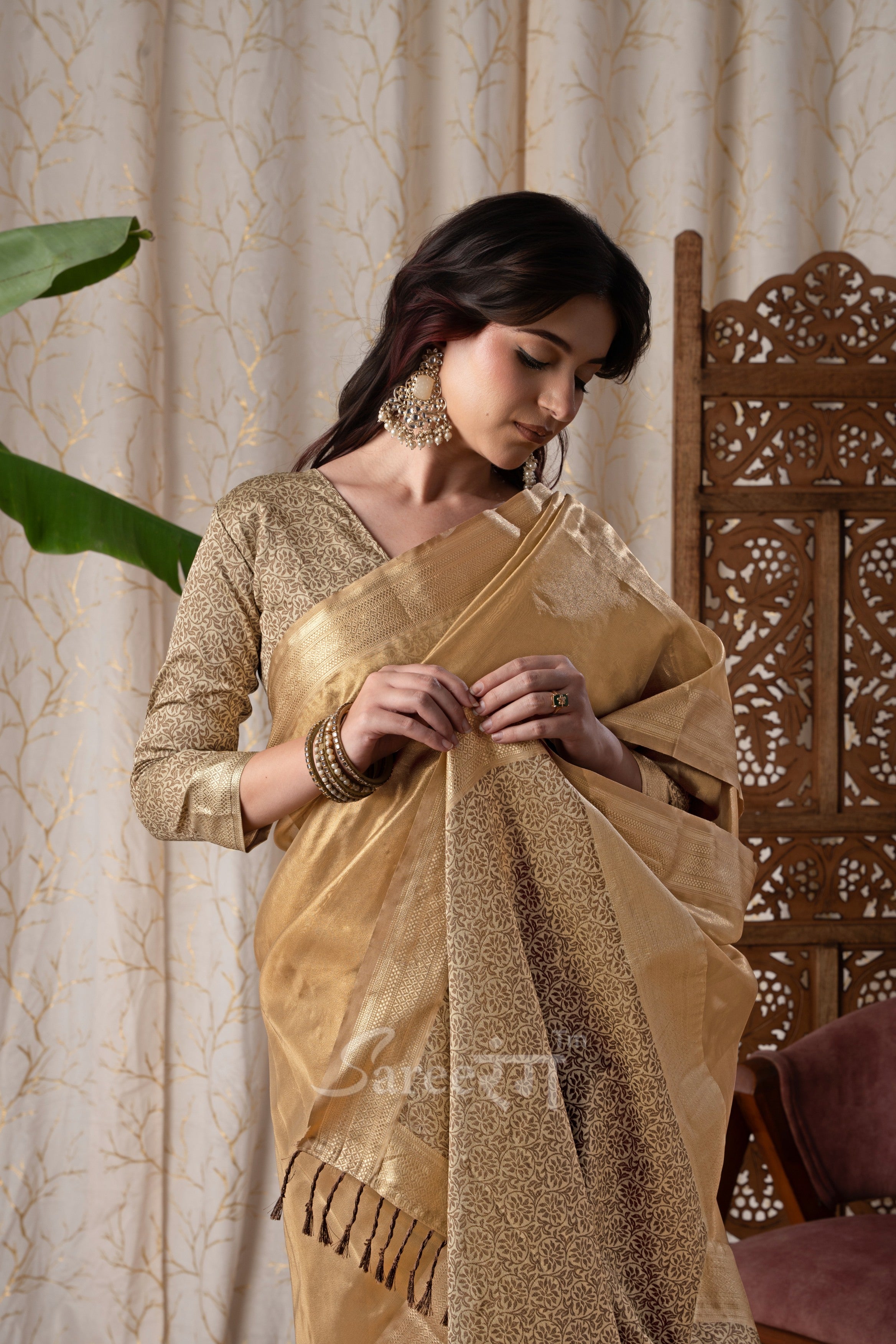 Titan Stone Beige Pure Tissue Silk Weaving Saree