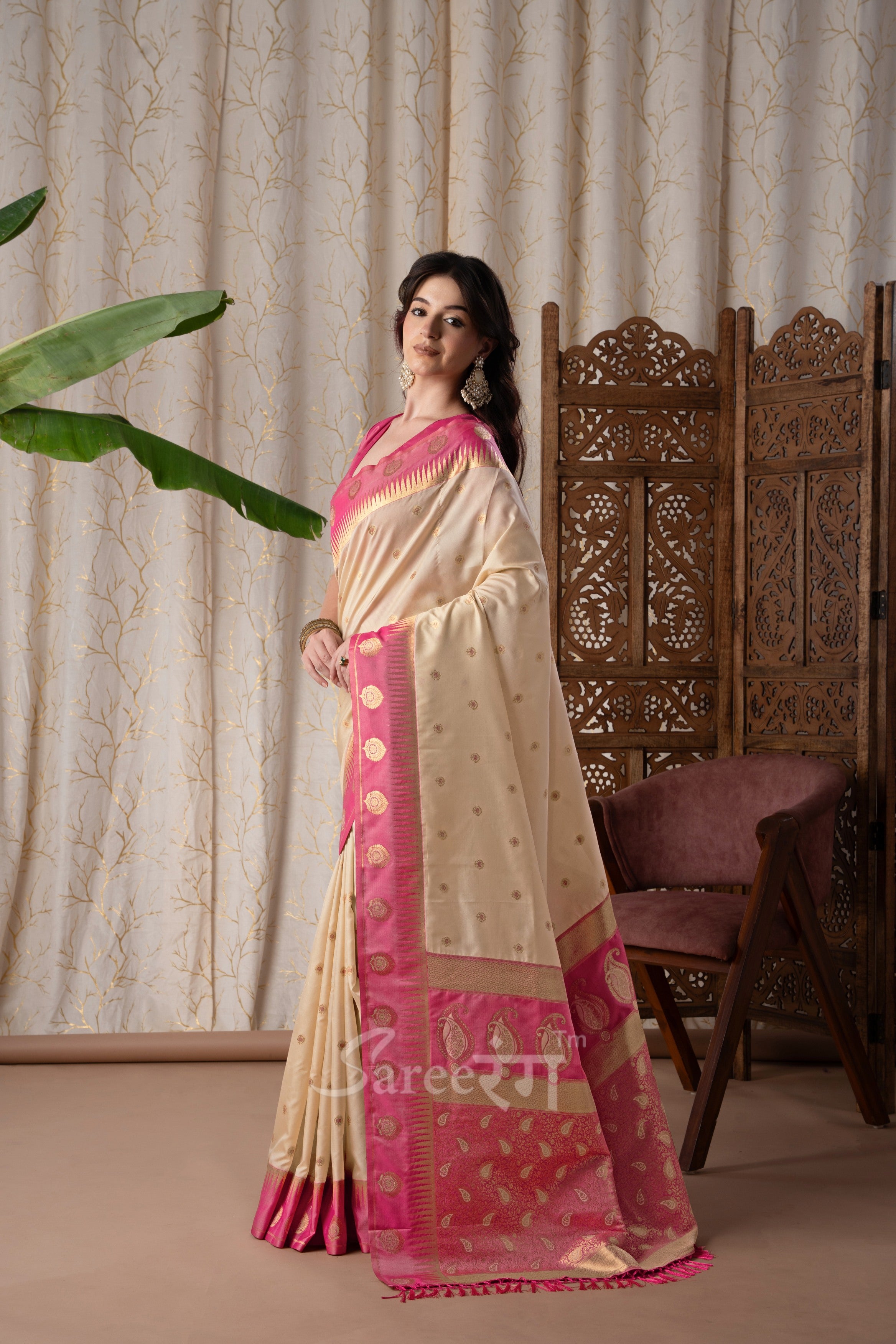 Cherry Cream Pure Soft Banarasi Silk Weaving Saree