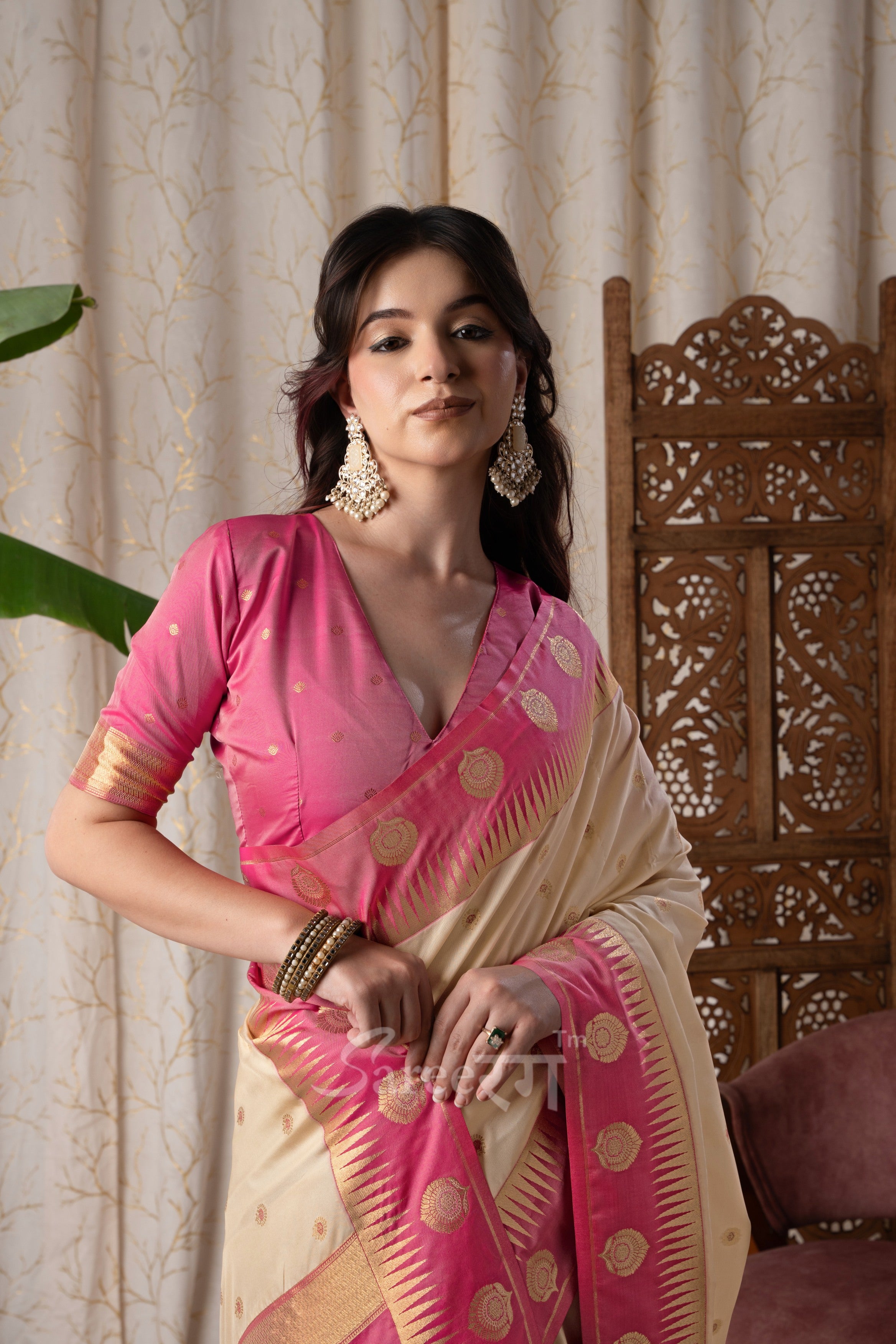 Cherry Cream Pure Soft Banarasi Silk Weaving Saree