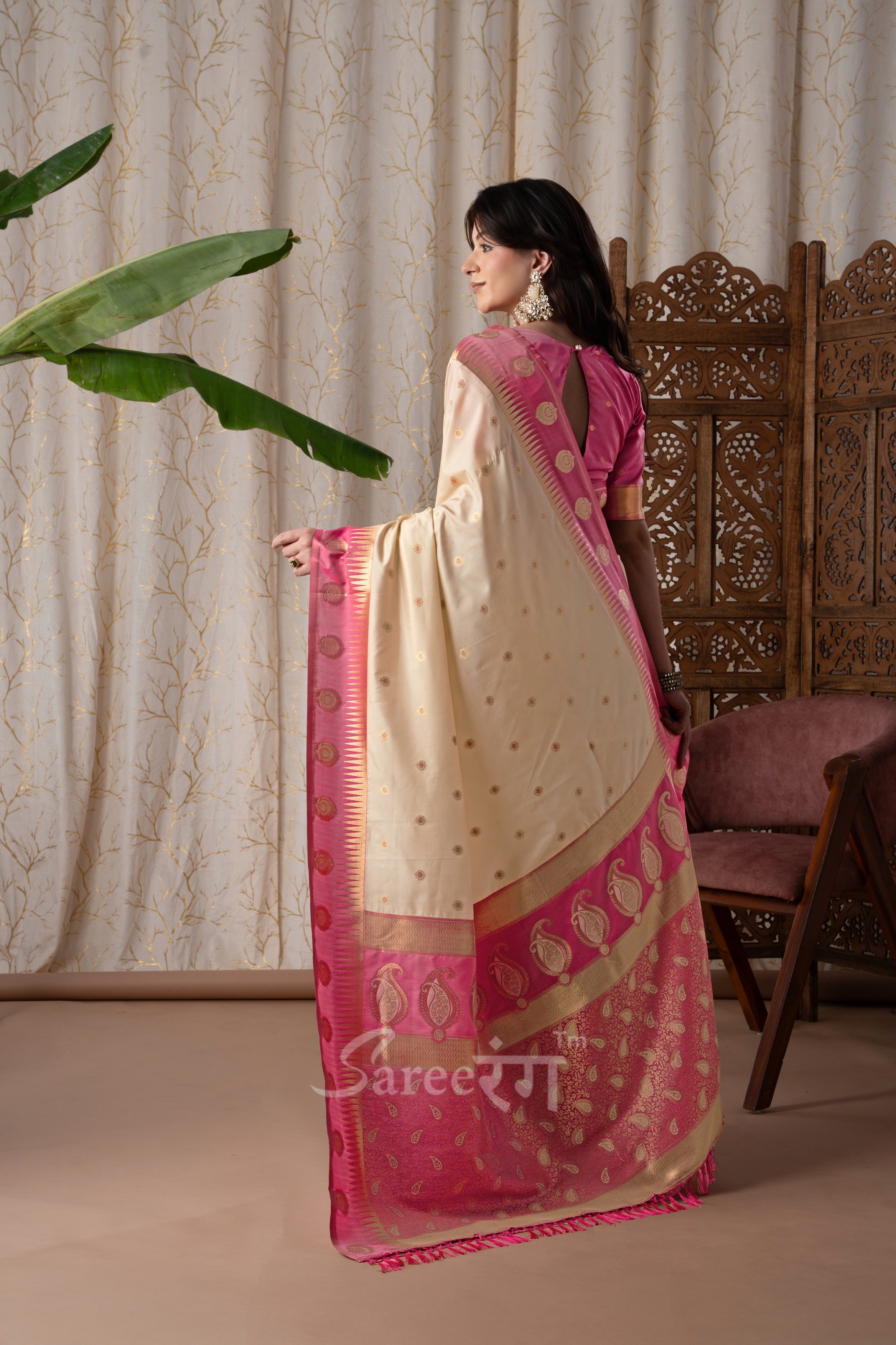 Cherry Cream Pure Soft Banarasi Silk Weaving Saree