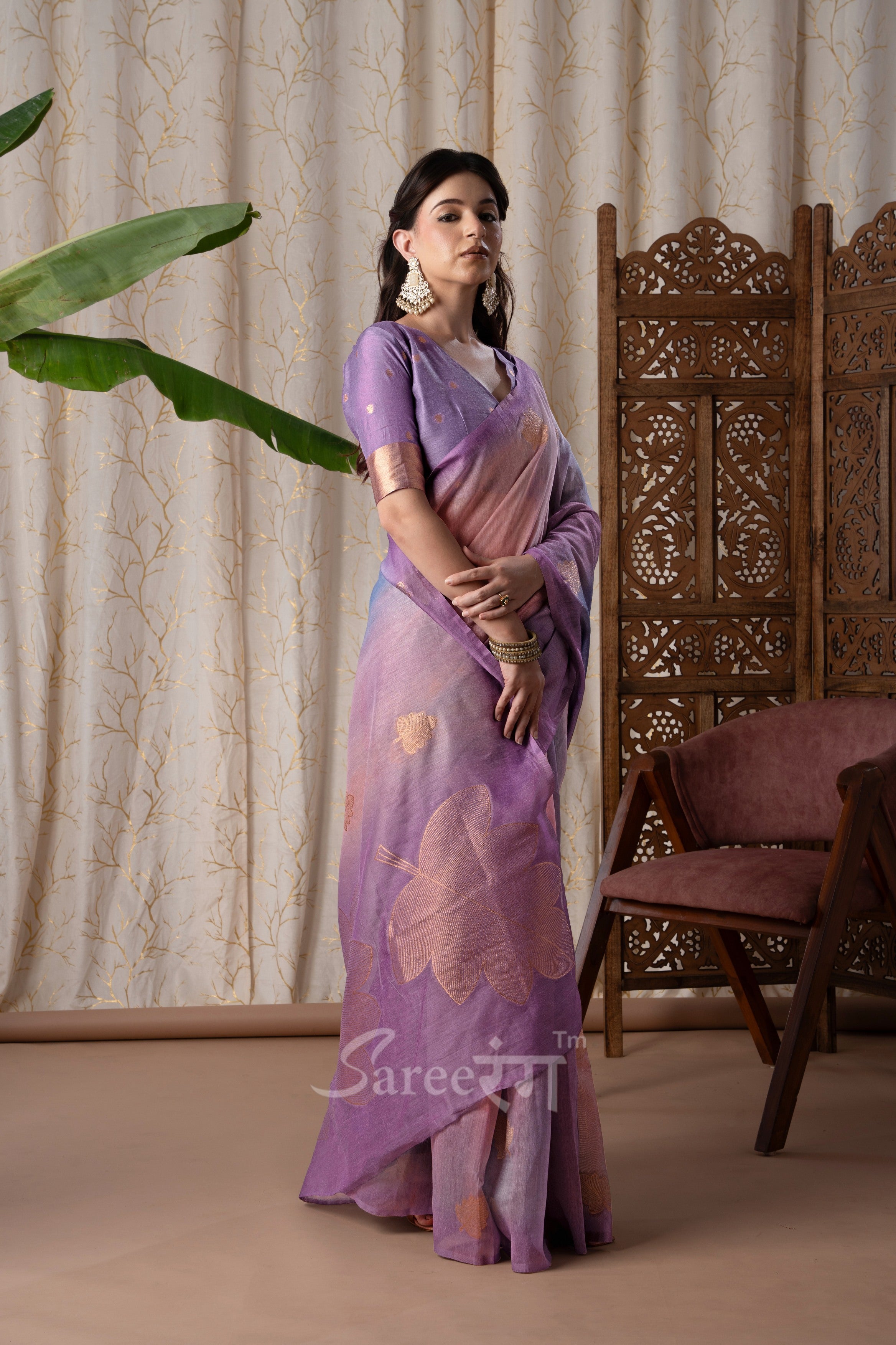 Asopalava Lavender Pure Handloom Khadi silk Printed Saree