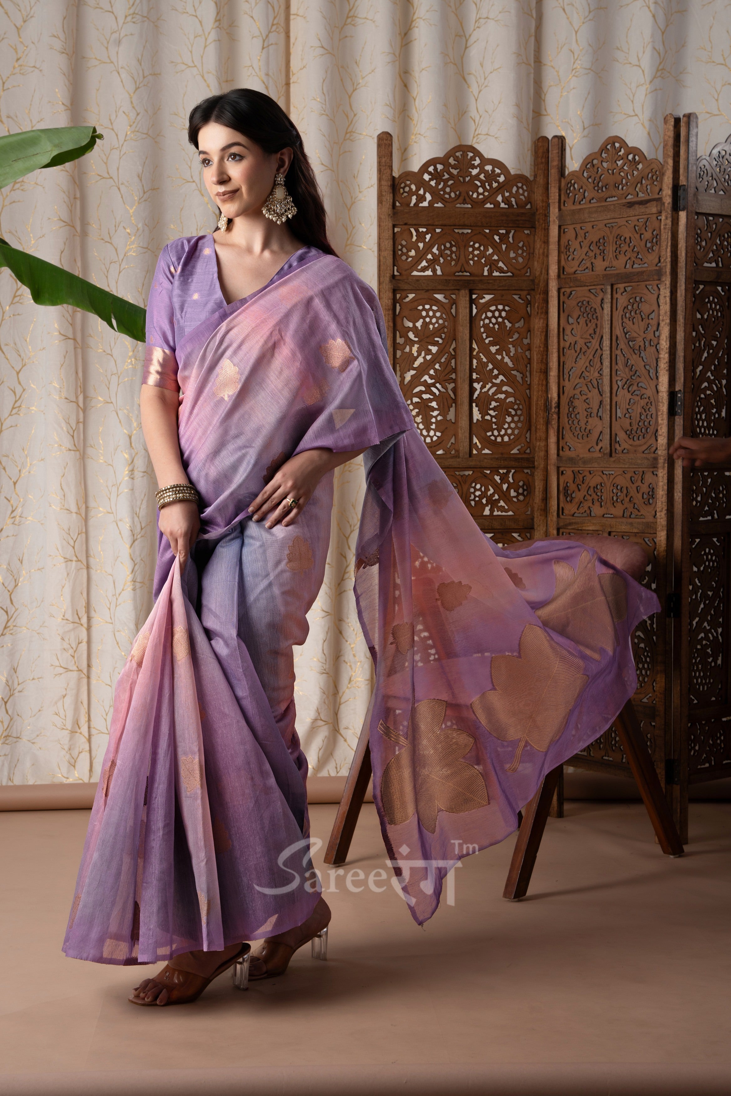 Asopalava Lavender Pure Handloom Khadi silk Printed Saree