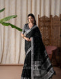 Rajmata Black Khadi Linen Butti Weaving Saree