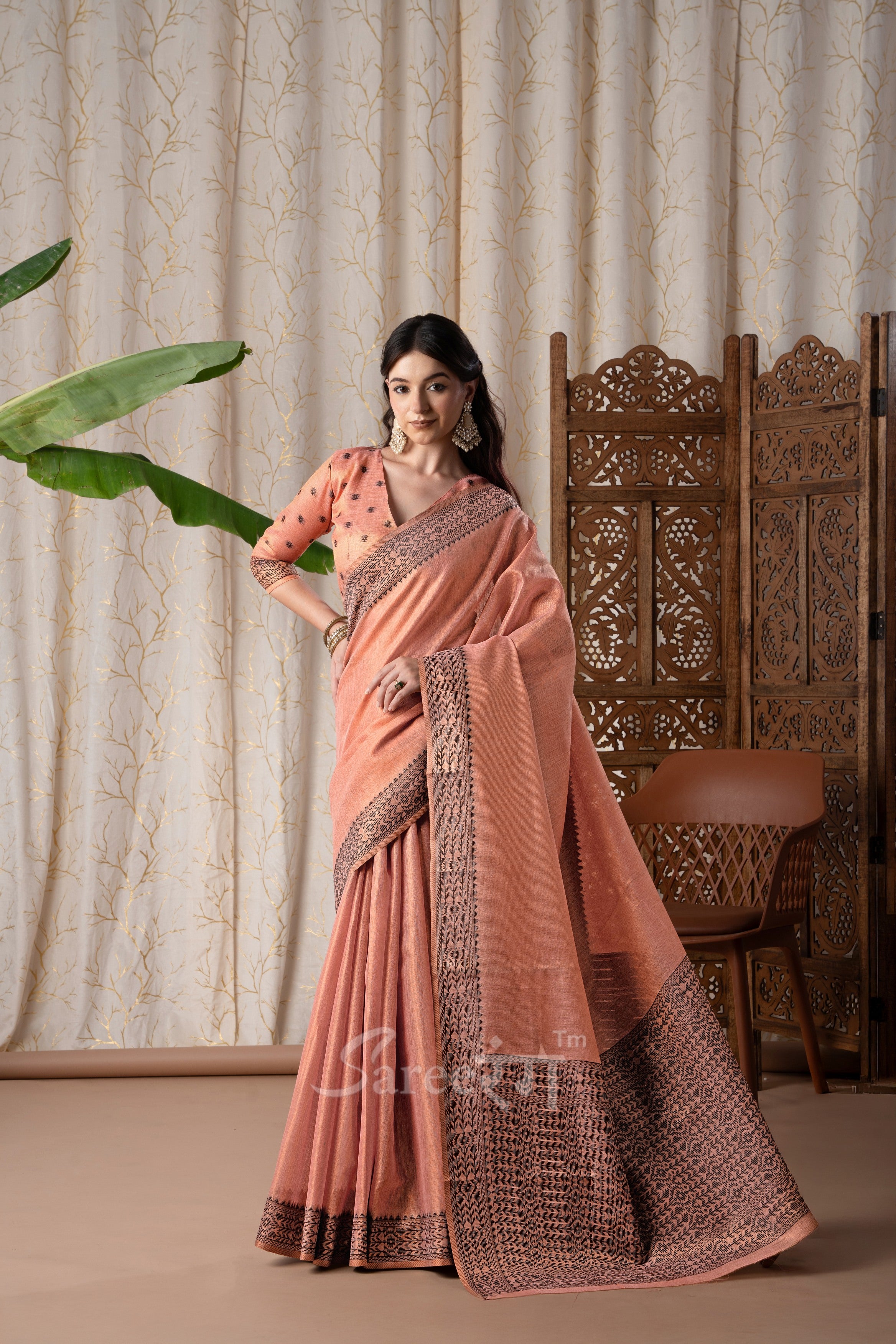 BlackBerry Blush Orange Pure Linen Tissue Silk Woven Saree