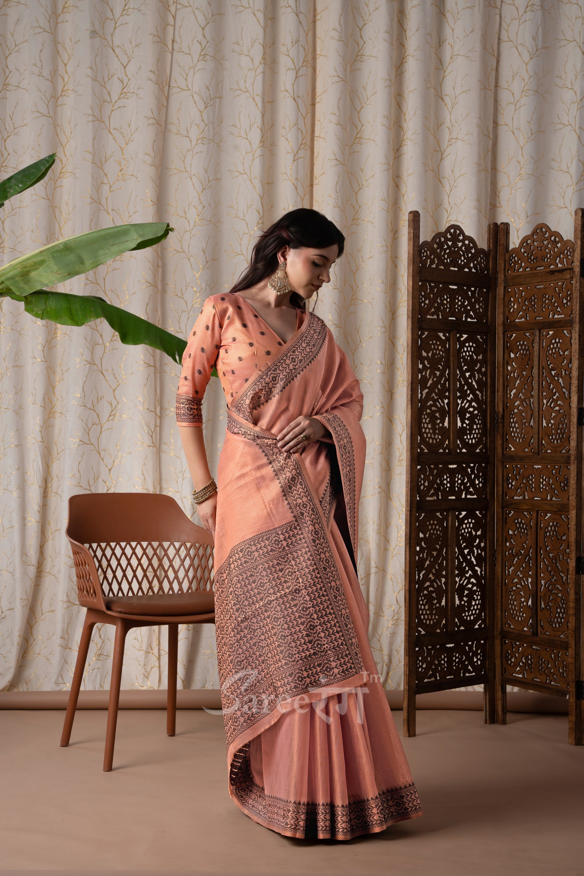 BlackBerry Blush Orange Pure Linen Tissue Silk Woven Saree