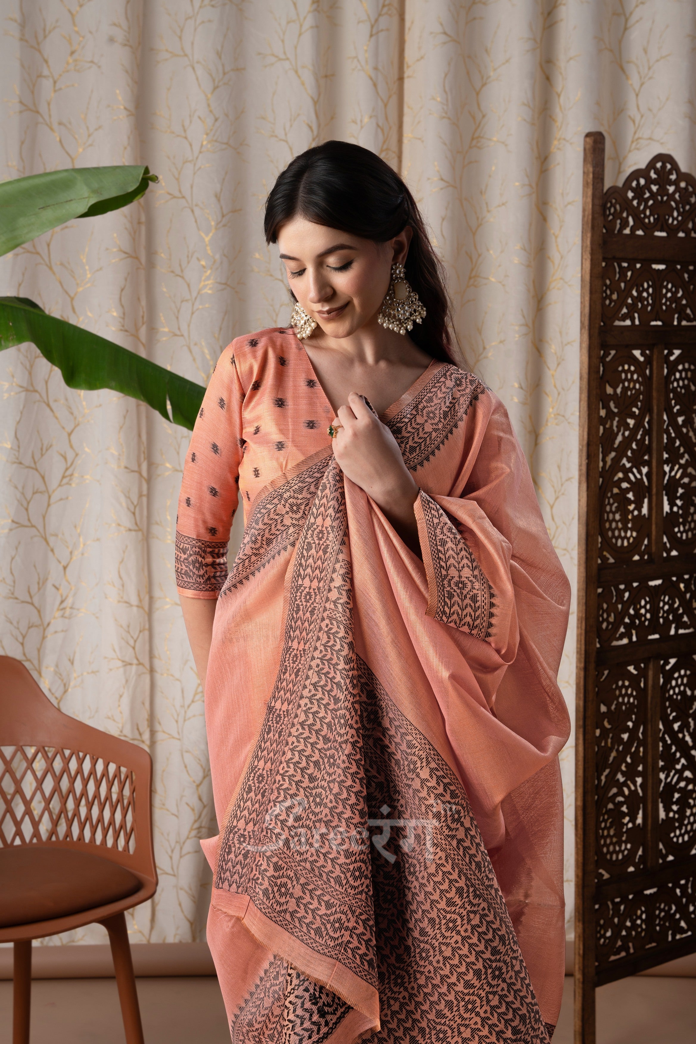 BlackBerry Blush Orange Pure Linen Tissue Silk Woven Saree