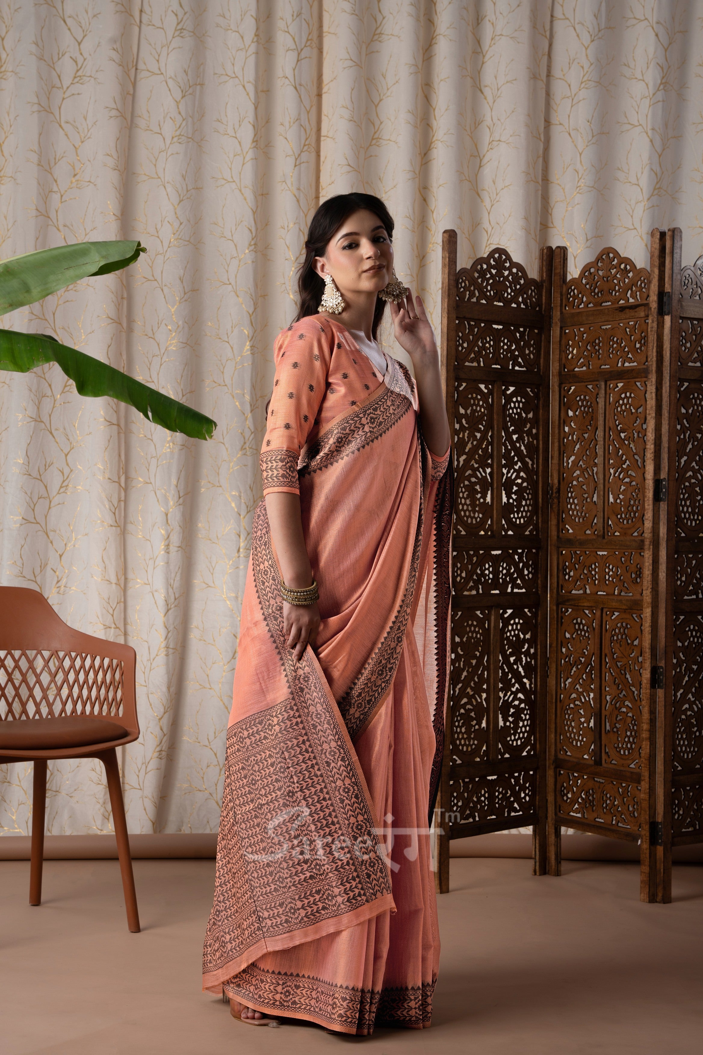 BlackBerry Blush Orange Pure Linen Tissue Silk Woven Saree