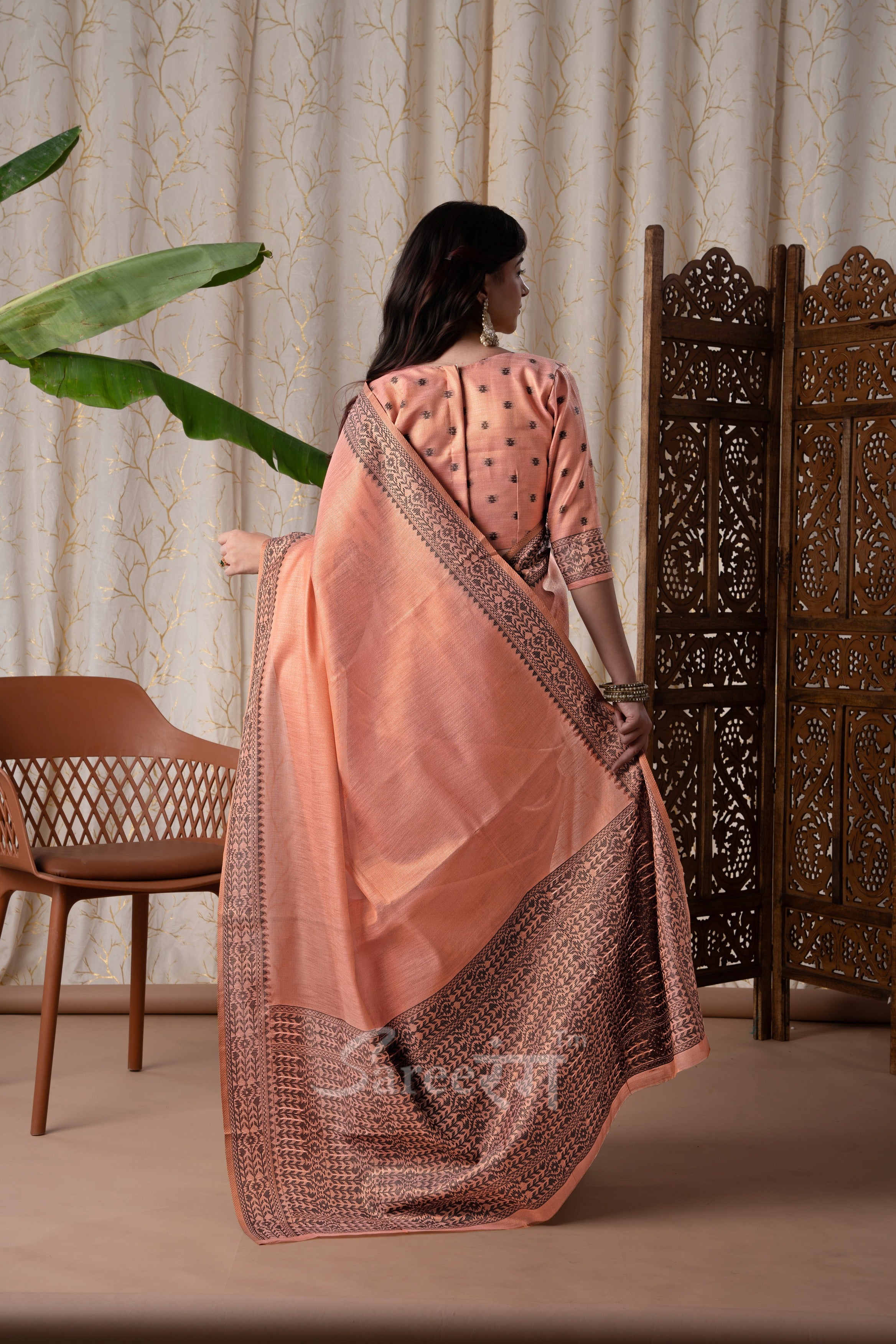 BlackBerry Blush Orange Pure Linen Tissue Silk Woven Saree