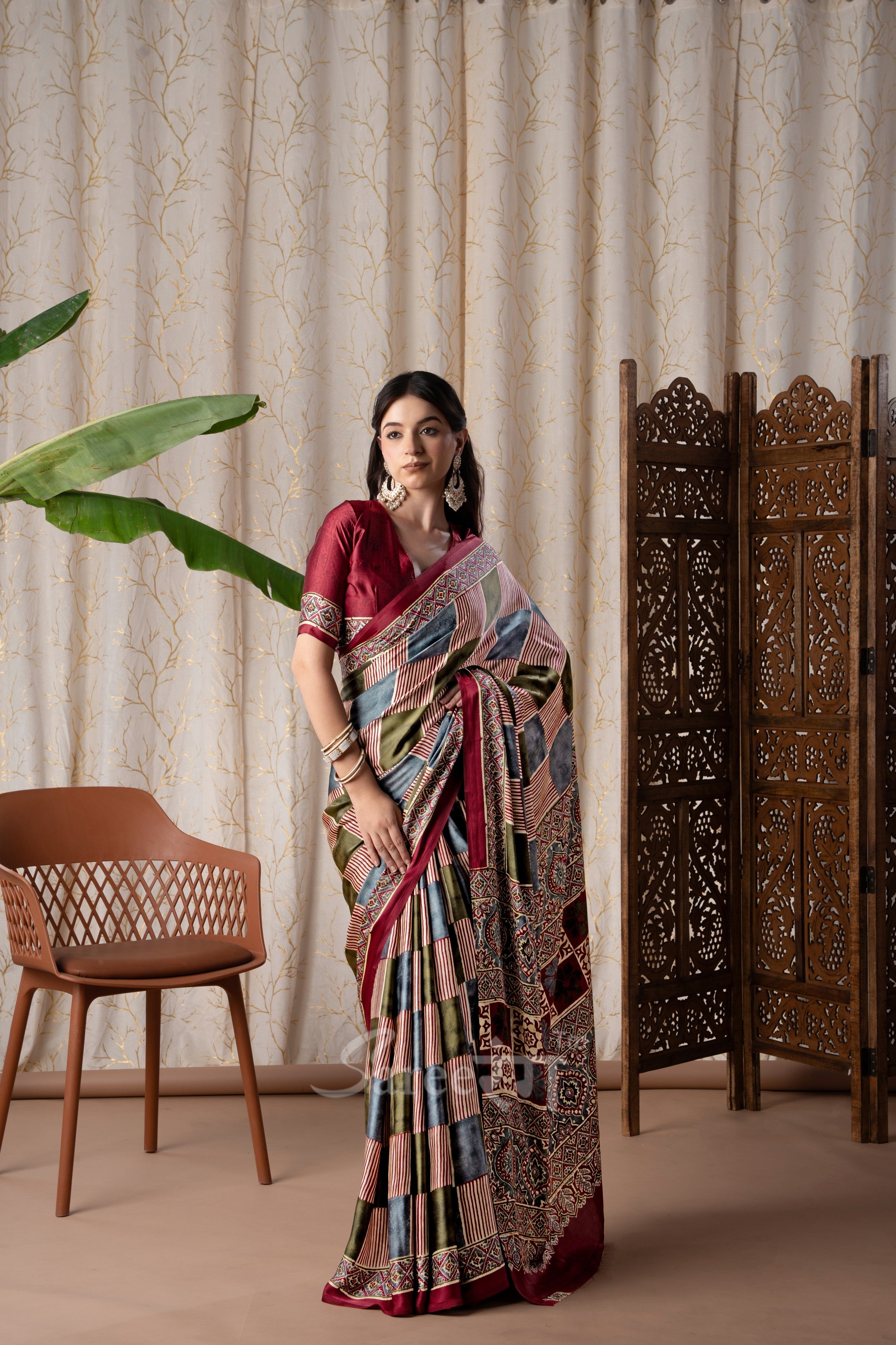 Madhuri Maroon Modal Silk Ajrakh Natural Printed Saree