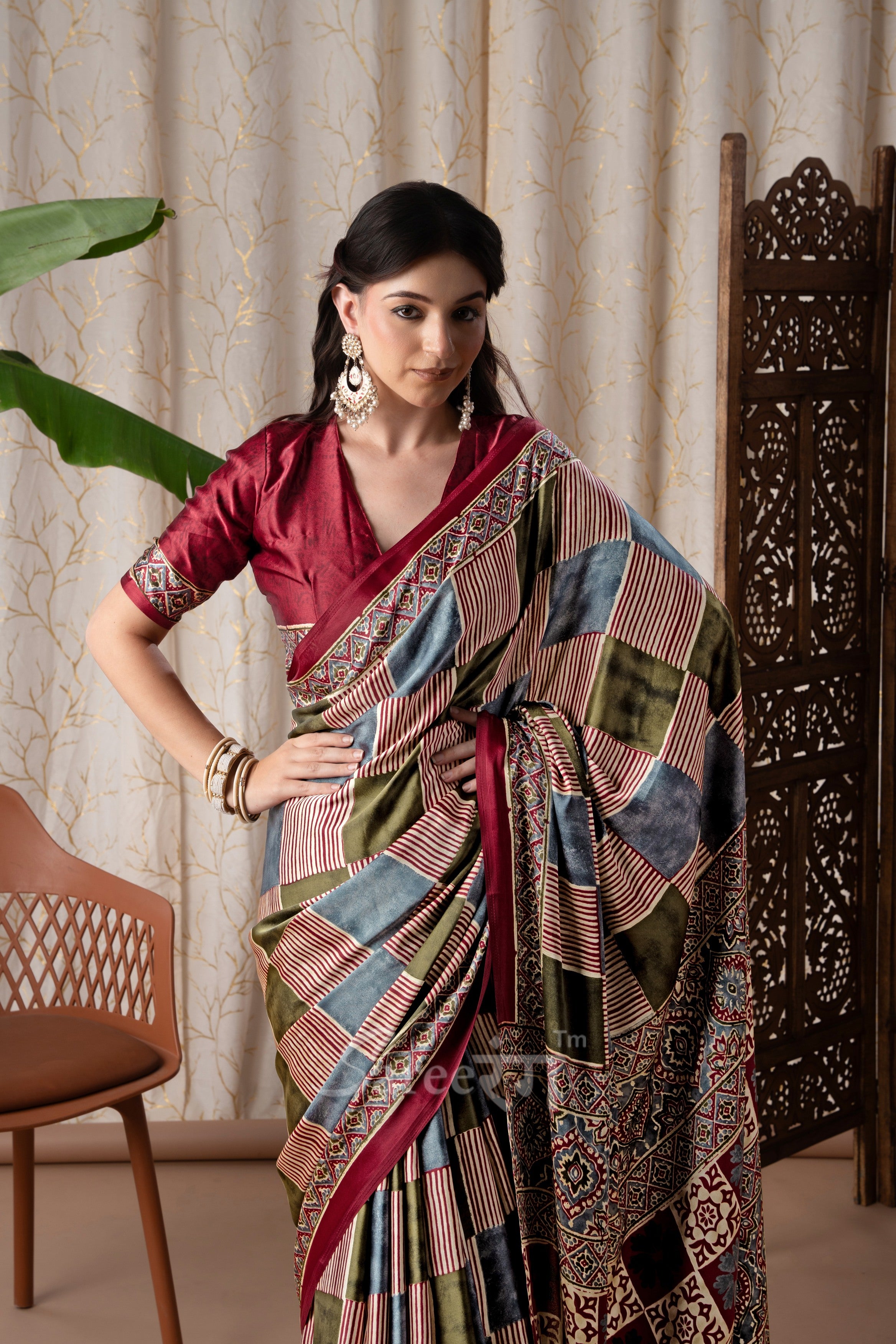 Madhuri Maroon Modal Silk Ajrakh Natural Printed Saree