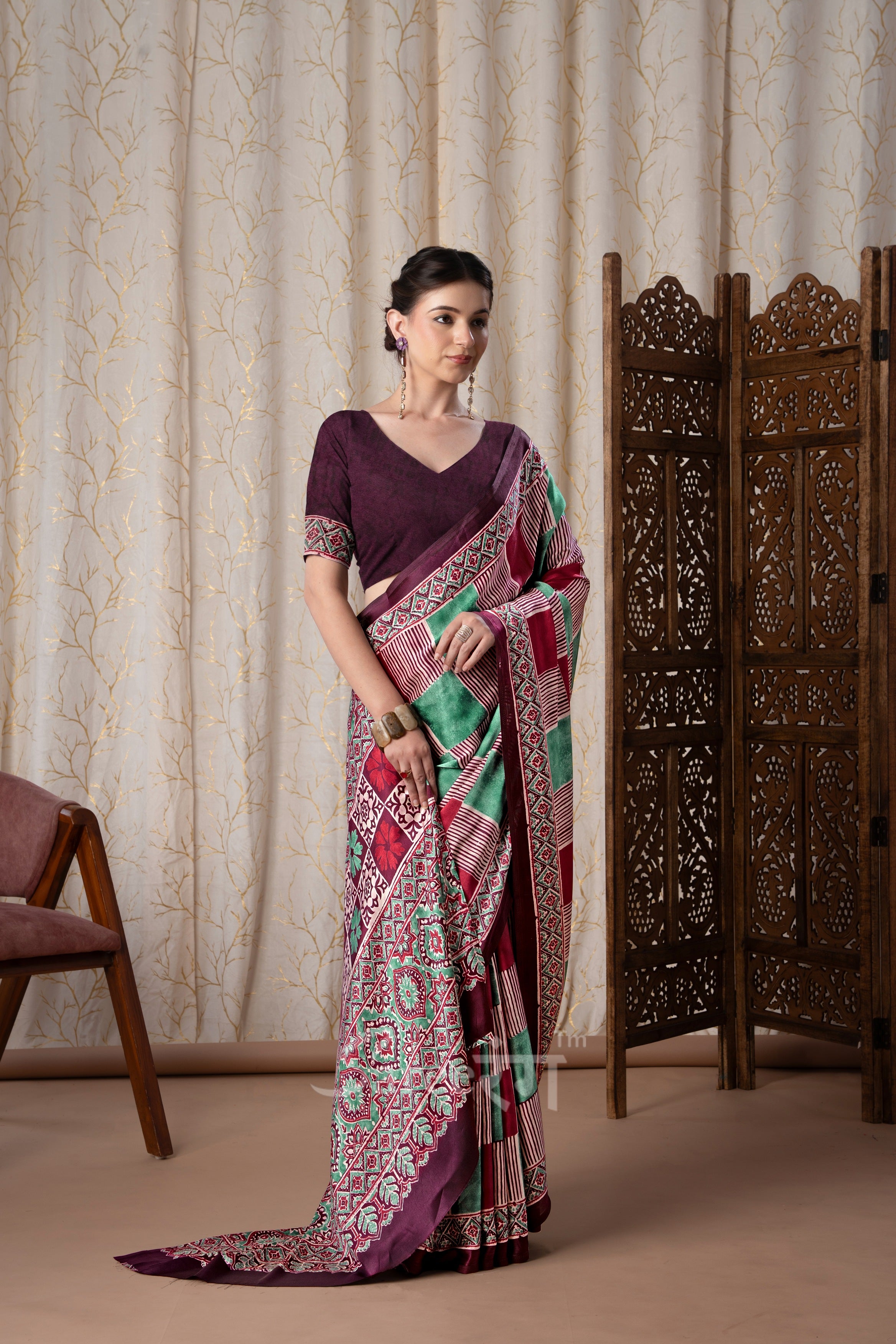 Madhuri Wine Modal Silk Ajrakh Natural Printed Saree