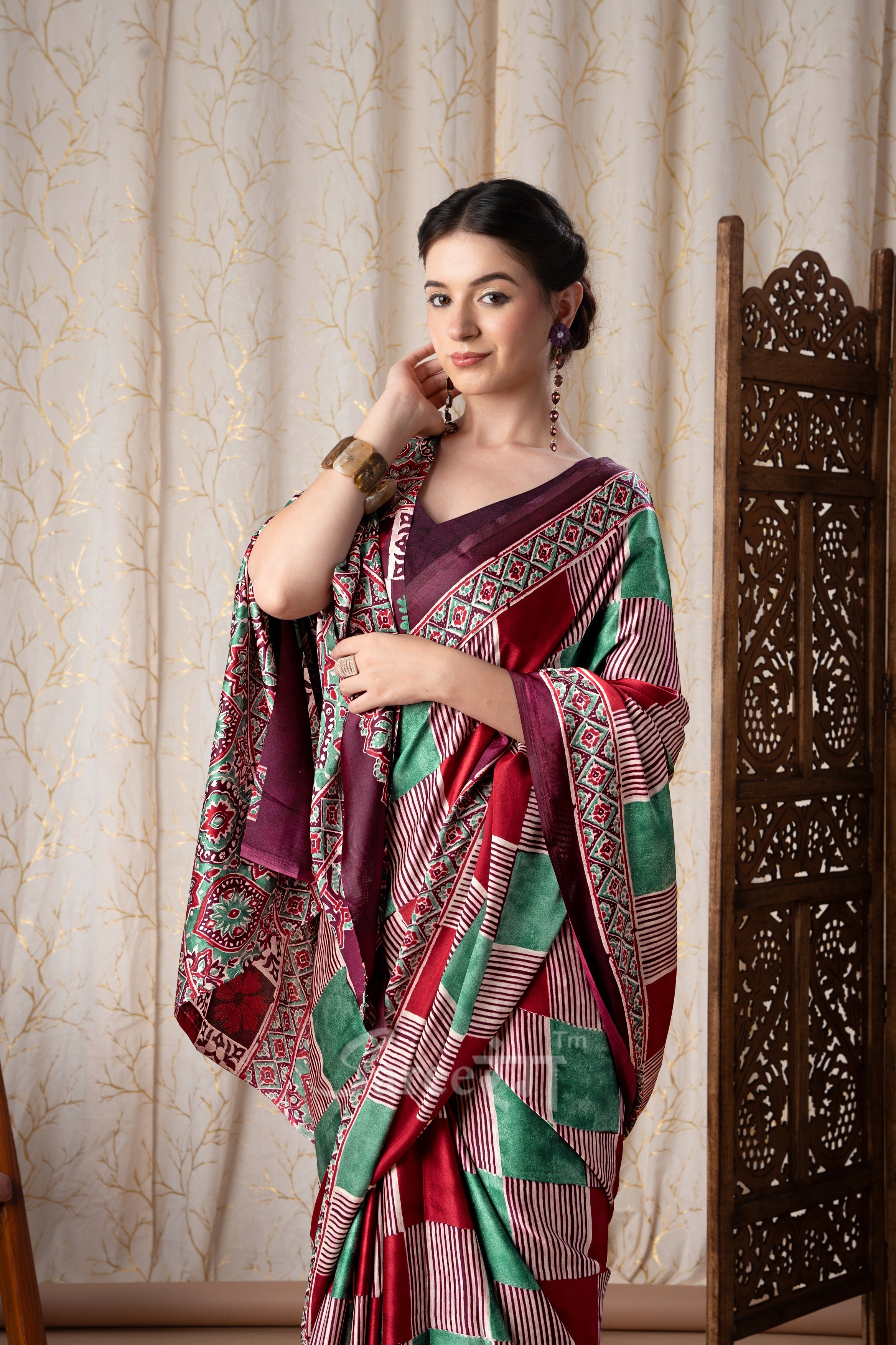 Madhuri Wine Modal Silk Ajrakh Natural Printed Saree