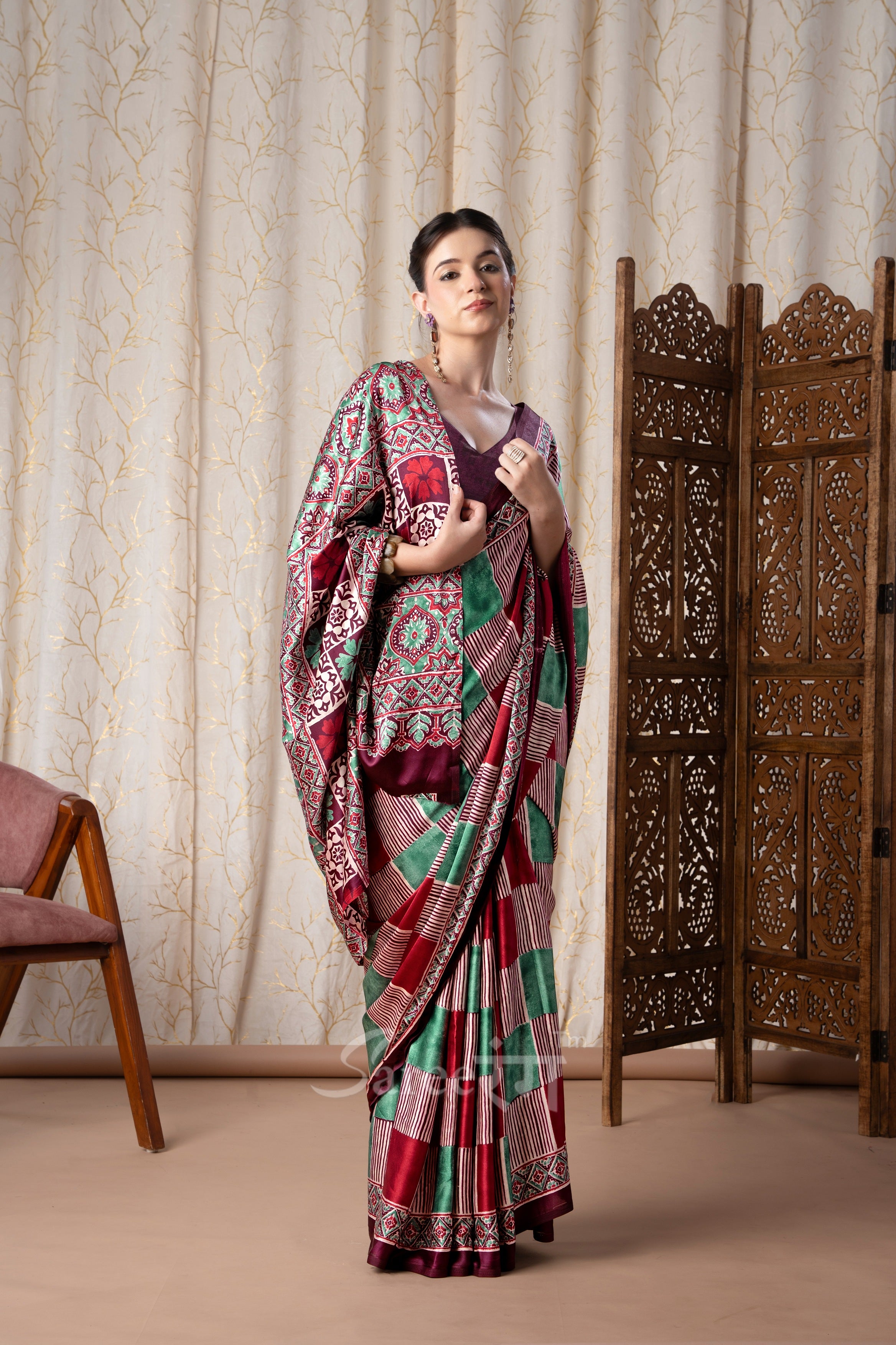 Madhuri Wine Modal Silk Ajrakh Natural Printed Saree